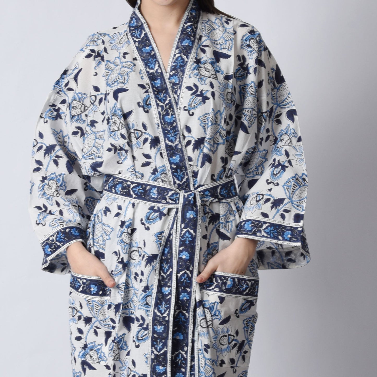 Hand Block Printed Sanganeri Jaipuri Floral Women Casual Kimono Dress Beach wear sleepwear belted dress