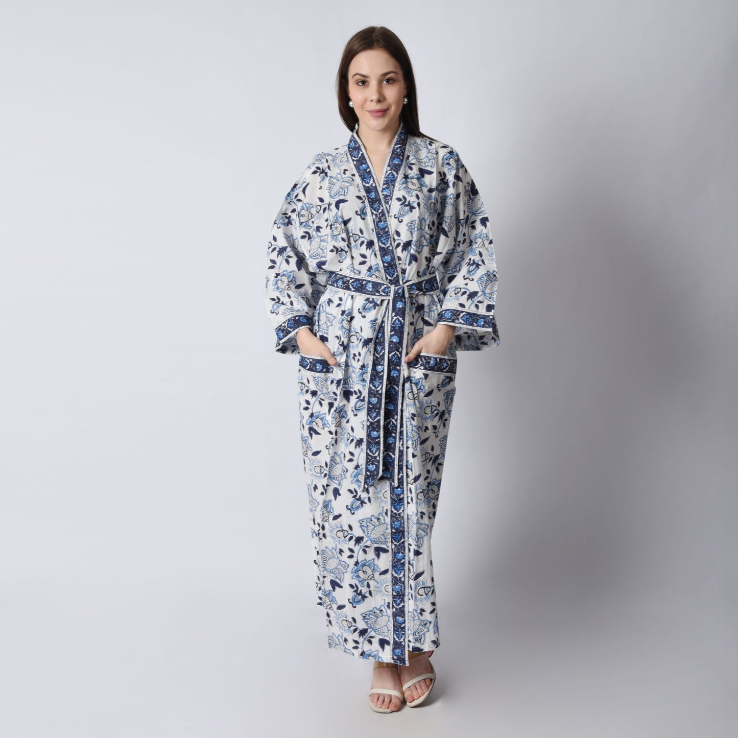 Hand Block Printed Sanganeri Jaipuri Floral Women Casual Kimono Dress Beach wear sleepwear belted dress