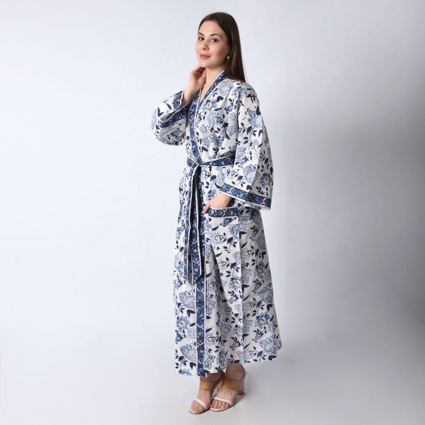 Hand Block Printed Sanganeri Jaipuri Floral Women Casual Kimono Dress Beach wear sleepwear belted dress