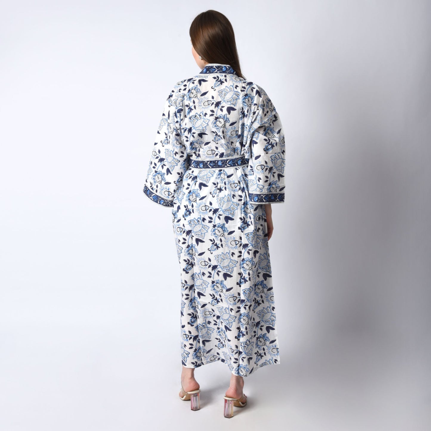 Hand Block Printed Sanganeri Jaipuri Floral Women Casual Kimono Dress Beach wear sleepwear belted dress