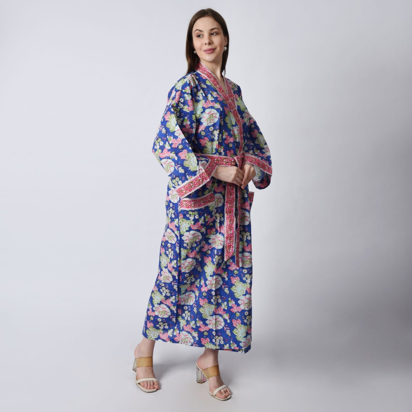 Hand Block Printed Sanganeri Jaipuri Floral Women Casual Kimono Dress Beach wear sleepwear belted dress