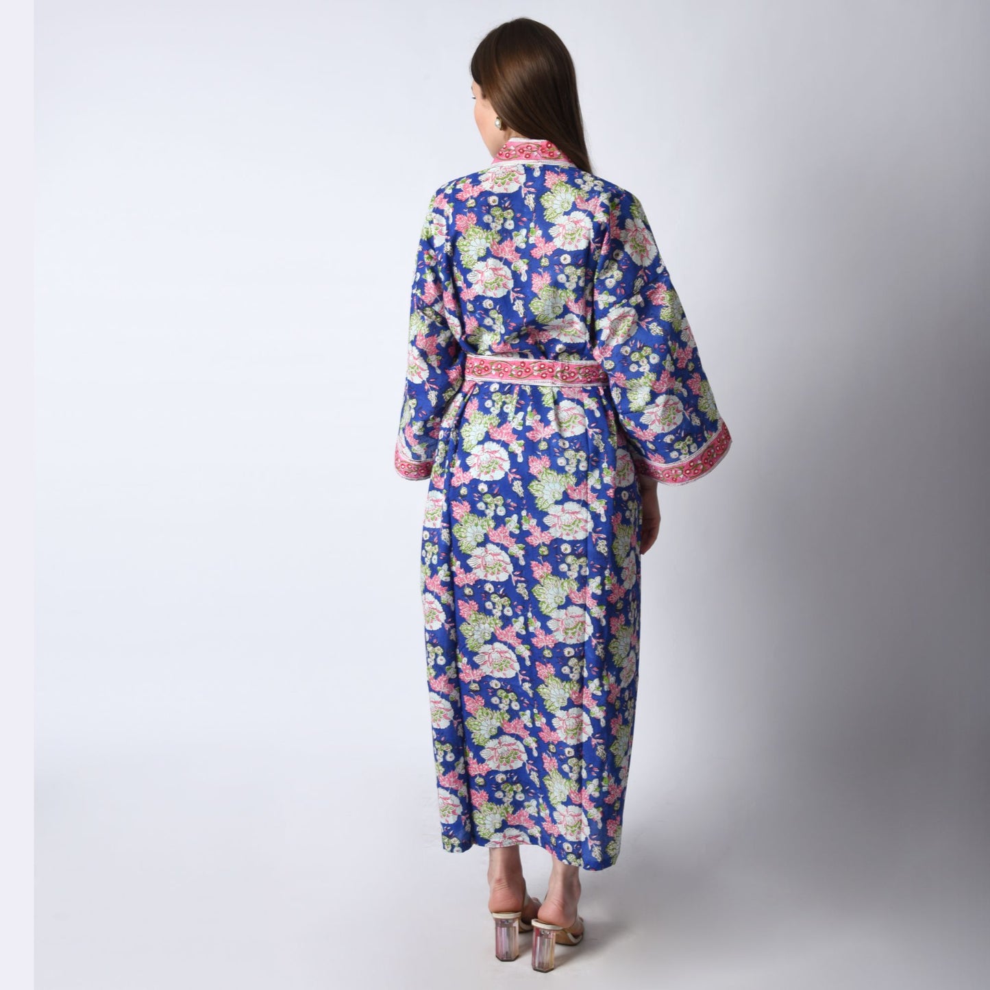 Hand Block Printed Sanganeri Jaipuri Floral Women Casual Kimono Dress Beach wear sleepwear belted dress
