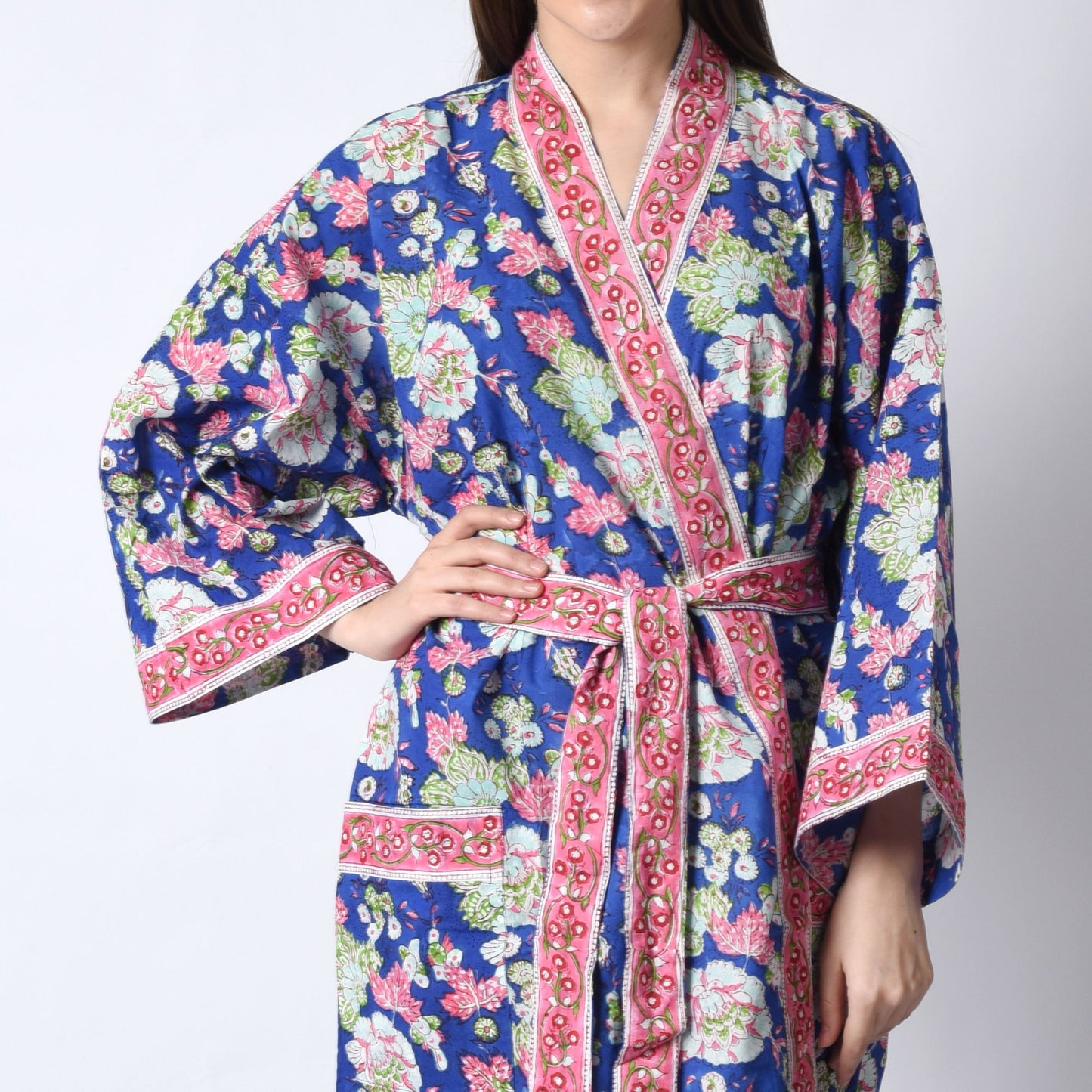 Hand Block Printed Sanganeri Jaipuri Floral Women Casual Kimono Dress Beach wear sleepwear belted dress