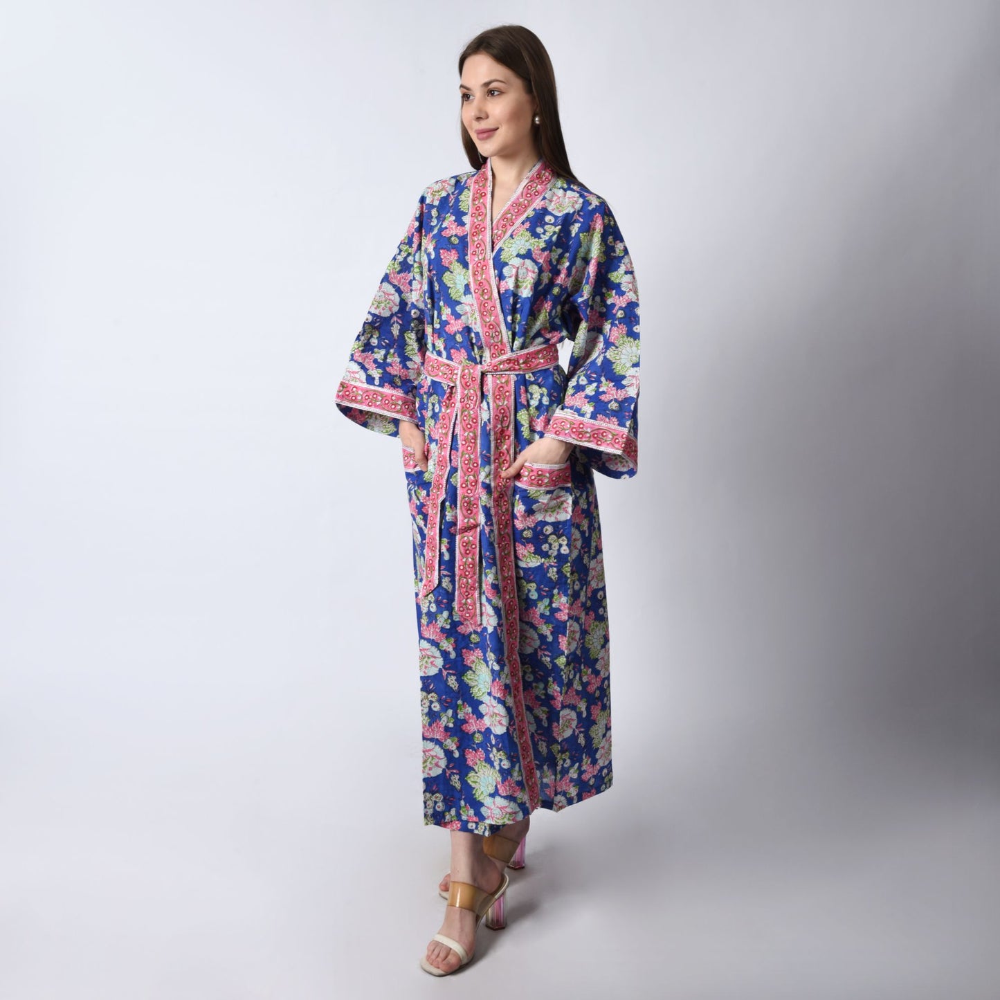 Hand Block Printed Sanganeri Jaipuri Floral Women Casual Kimono Dress Beach wear sleepwear belted dress