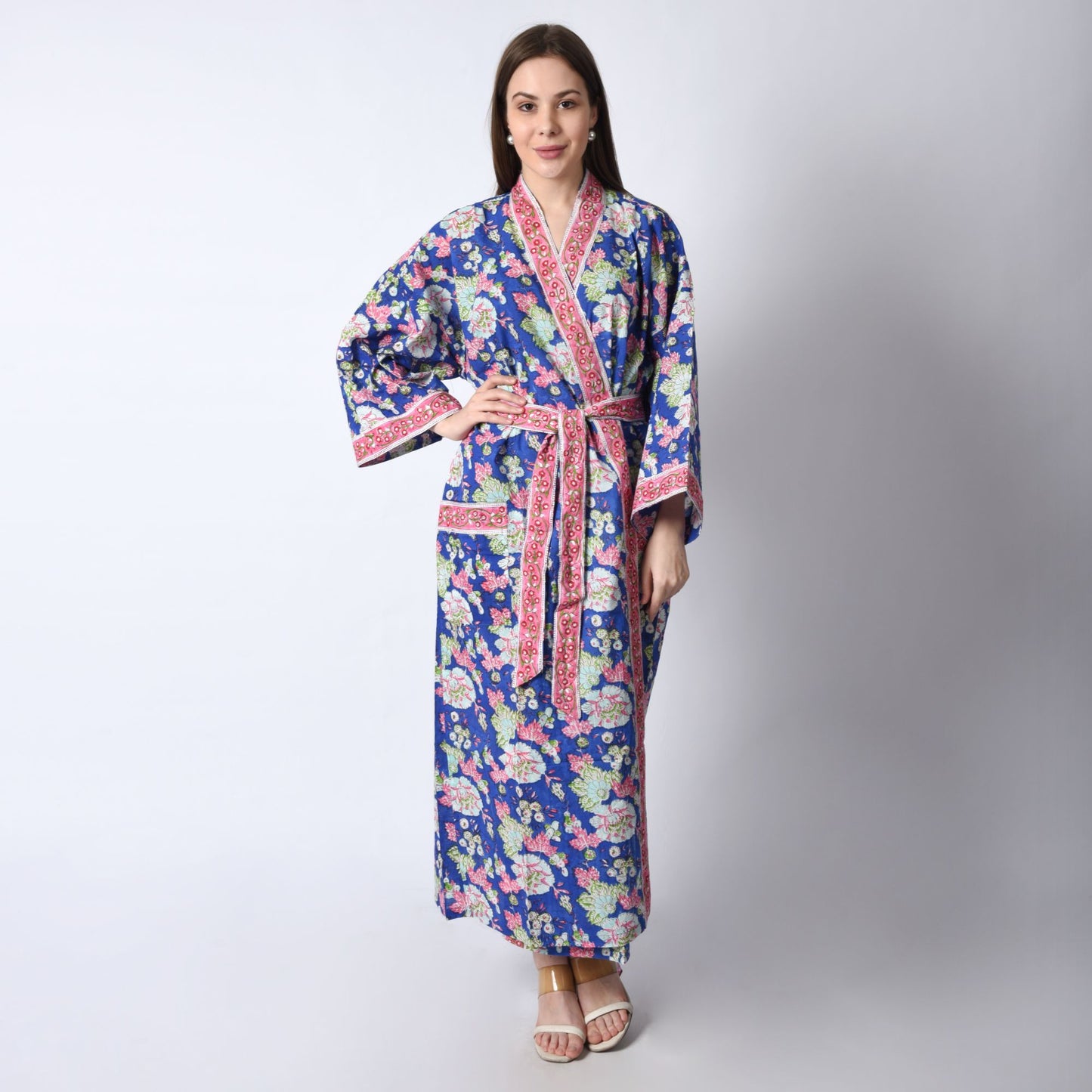 Hand Block Printed Sanganeri Jaipuri Floral Women Casual Kimono Dress Beach wear sleepwear belted dress