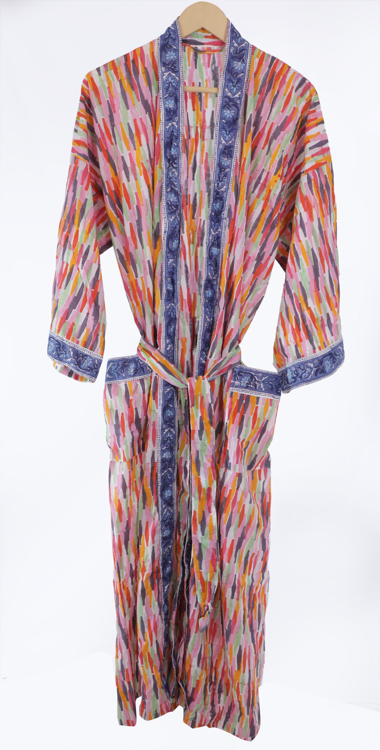 Hand Block Printed Sanganeri Jaipuri Floral Women Casual Kimono Dress Beach wear sleepwear belted dress