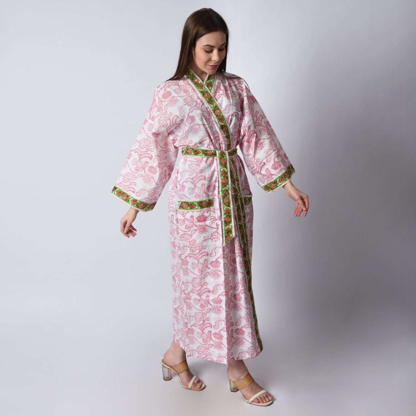 Hand Block Printed Sanganeri Jaipuri Floral Women Casual Kimono Dress Beach wear sleepwear belted dress