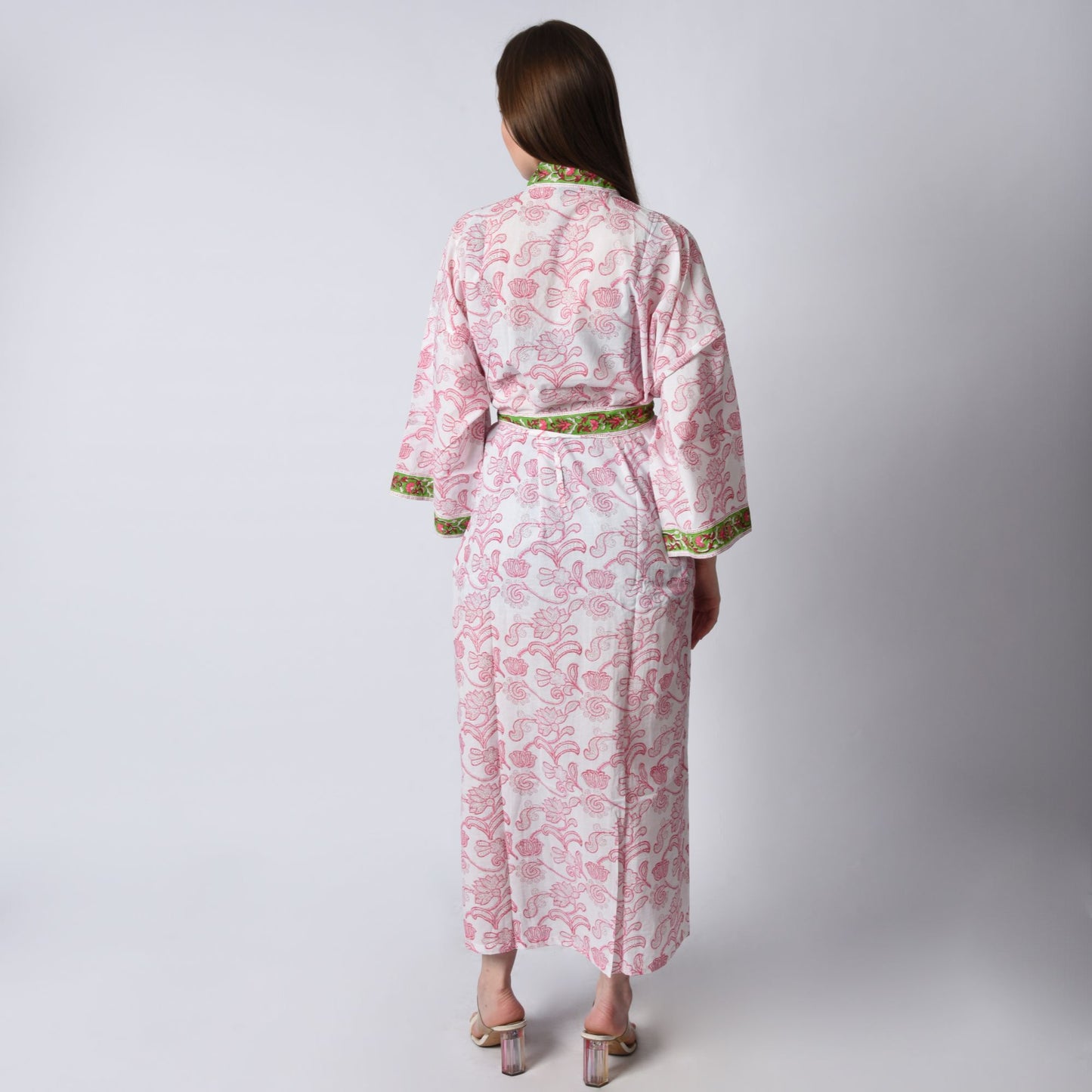 Hand Block Printed Sanganeri Jaipuri Floral Women Casual Kimono Dress Beach wear sleepwear belted dress