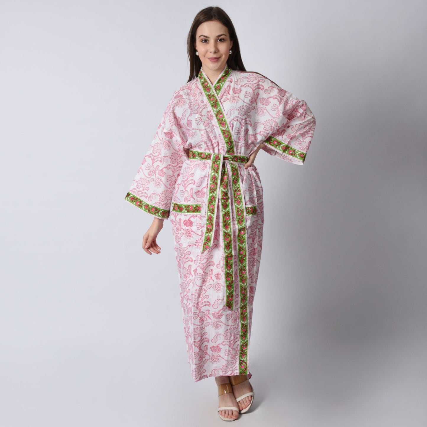 Hand Block Printed Sanganeri Jaipuri Floral Women Casual Kimono Dress Beach wear sleepwear belted dress