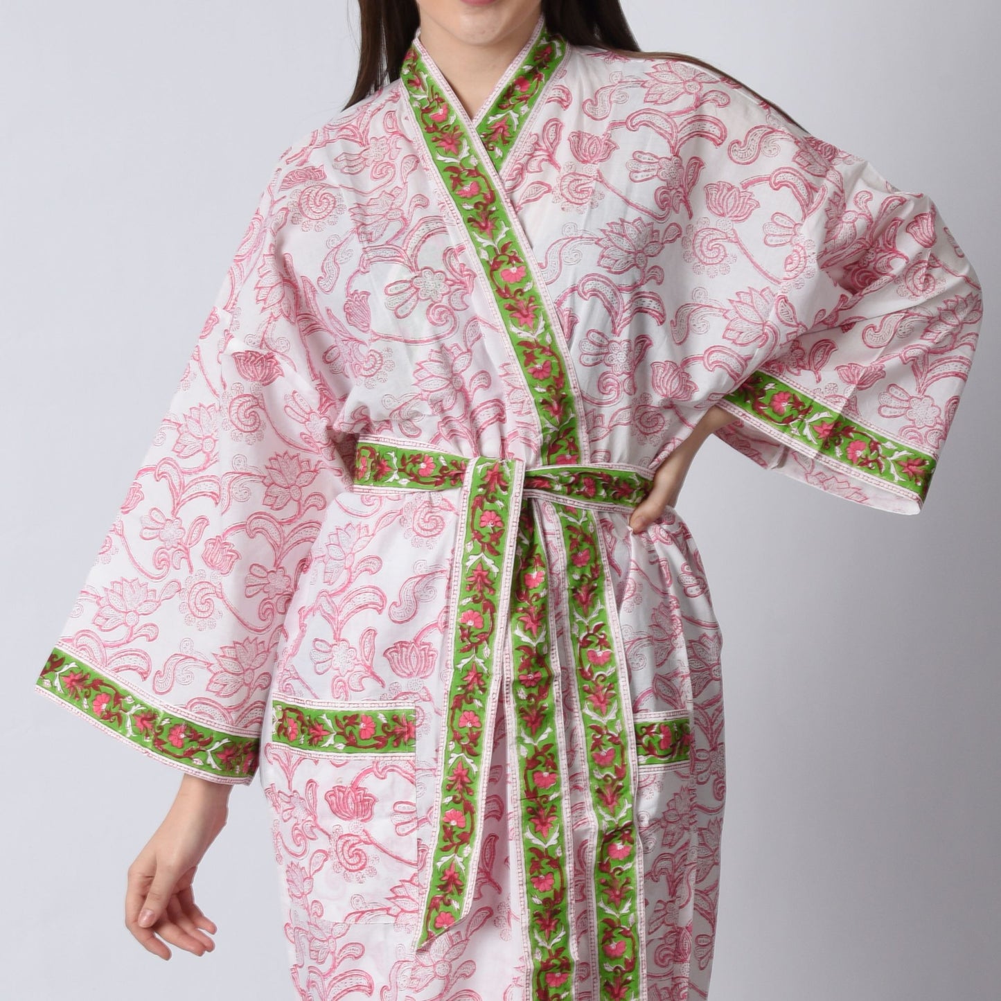 Hand Block Printed Sanganeri Jaipuri Floral Women Casual Kimono Dress Beach wear sleepwear belted dress
