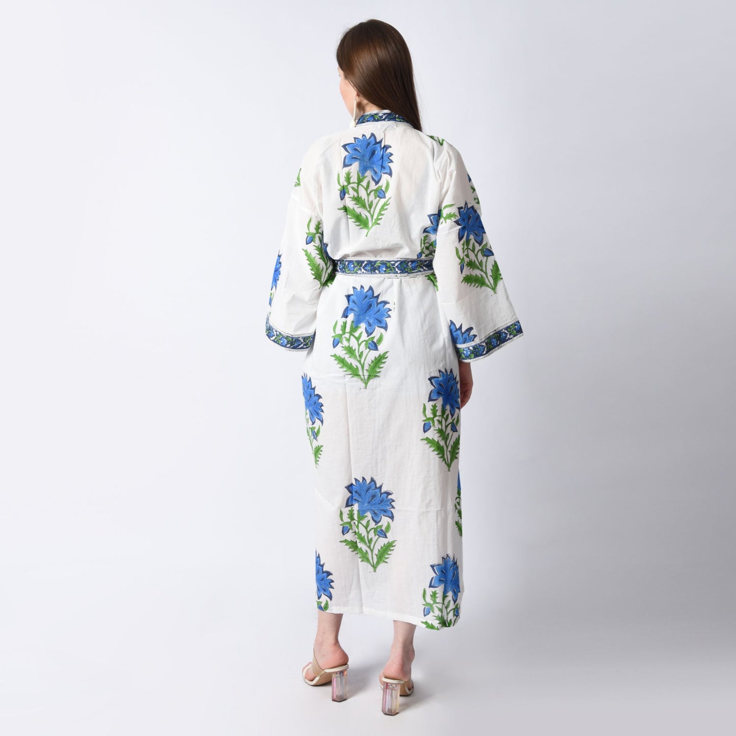 Hand Block Printed Sanganeri Jaipuri Floral Women Casual Kimono Dress Beach wear sleepwear belted dress