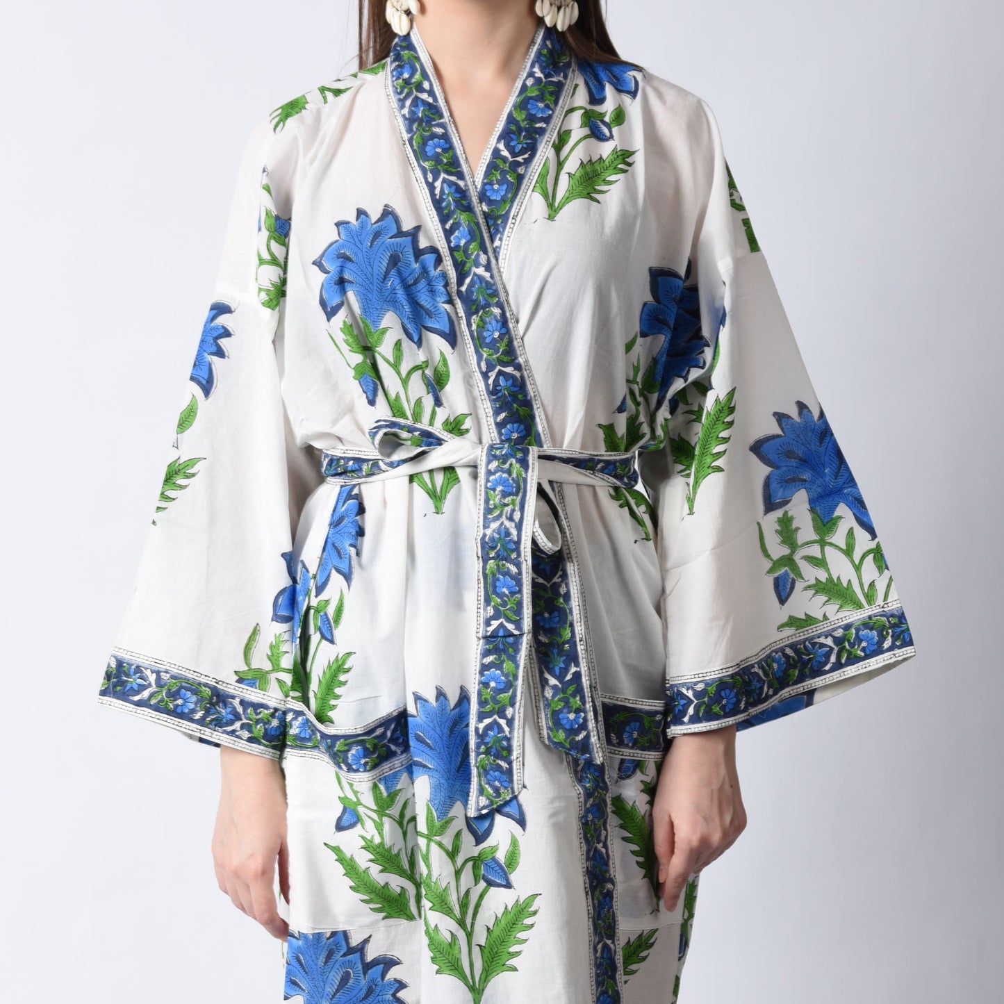 Hand Block Printed Sanganeri Jaipuri Floral Women Casual Kimono Dress Beach wear sleepwear belted dress