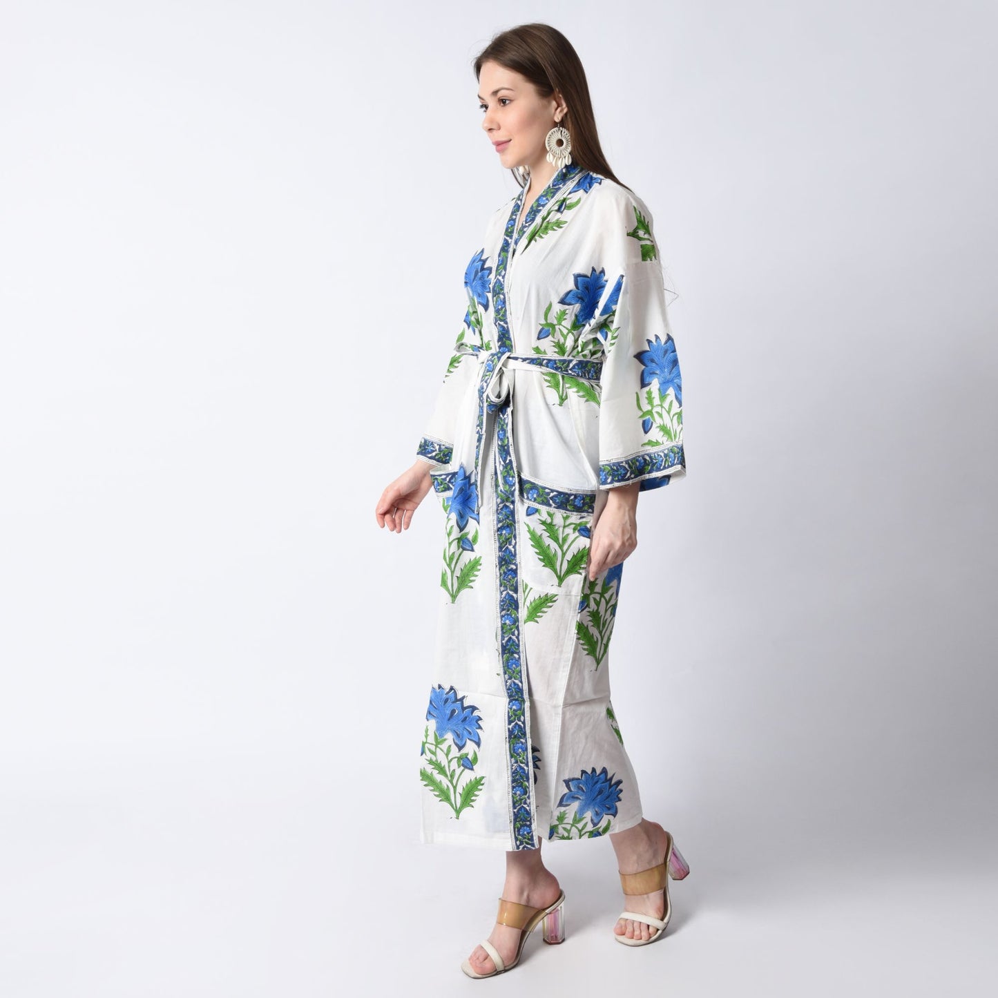 Hand Block Printed Sanganeri Jaipuri Floral Women Casual Kimono Dress Beach wear sleepwear belted dress