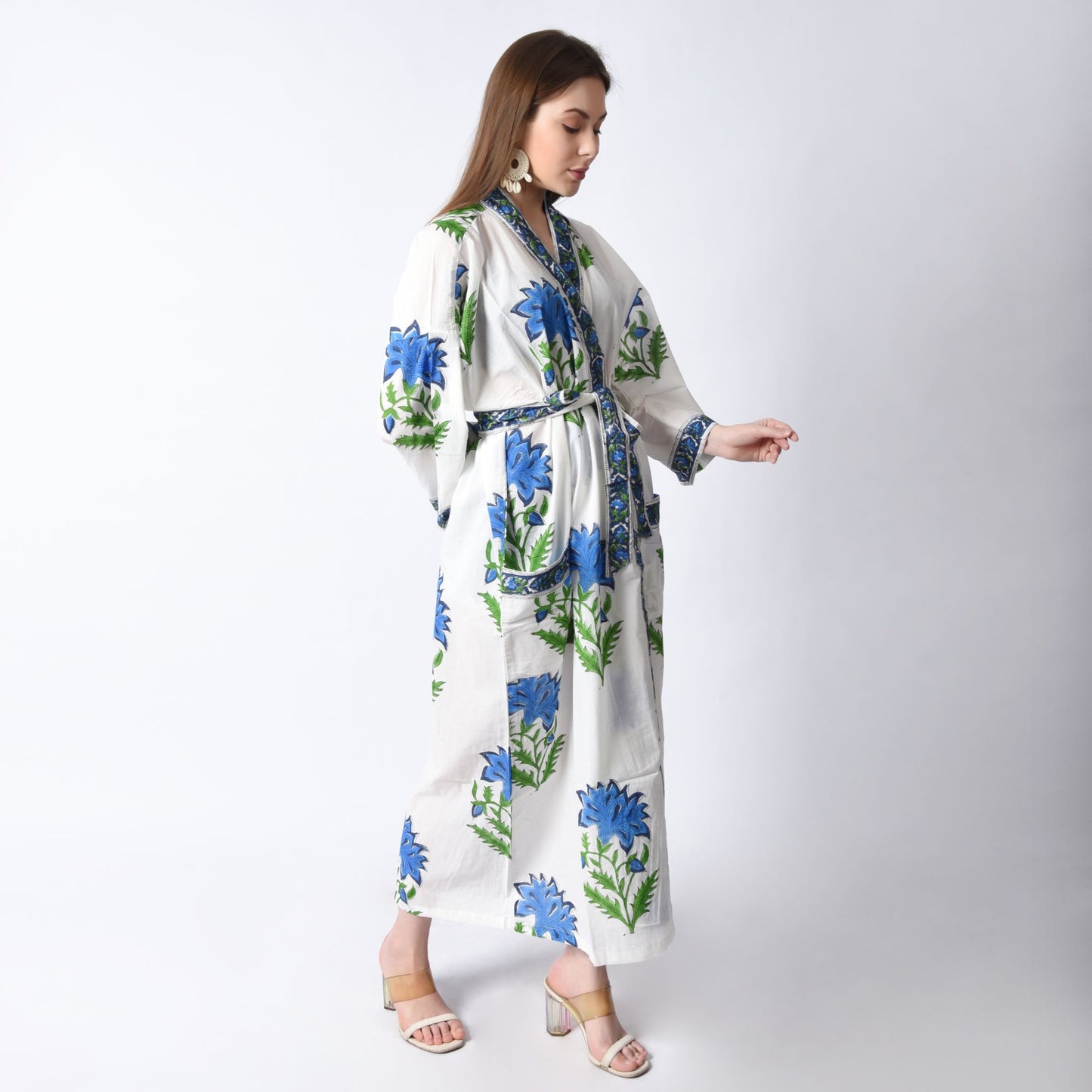 Hand Block Printed Sanganeri Jaipuri Floral Women Casual Kimono Dress Beach wear sleepwear belted dress