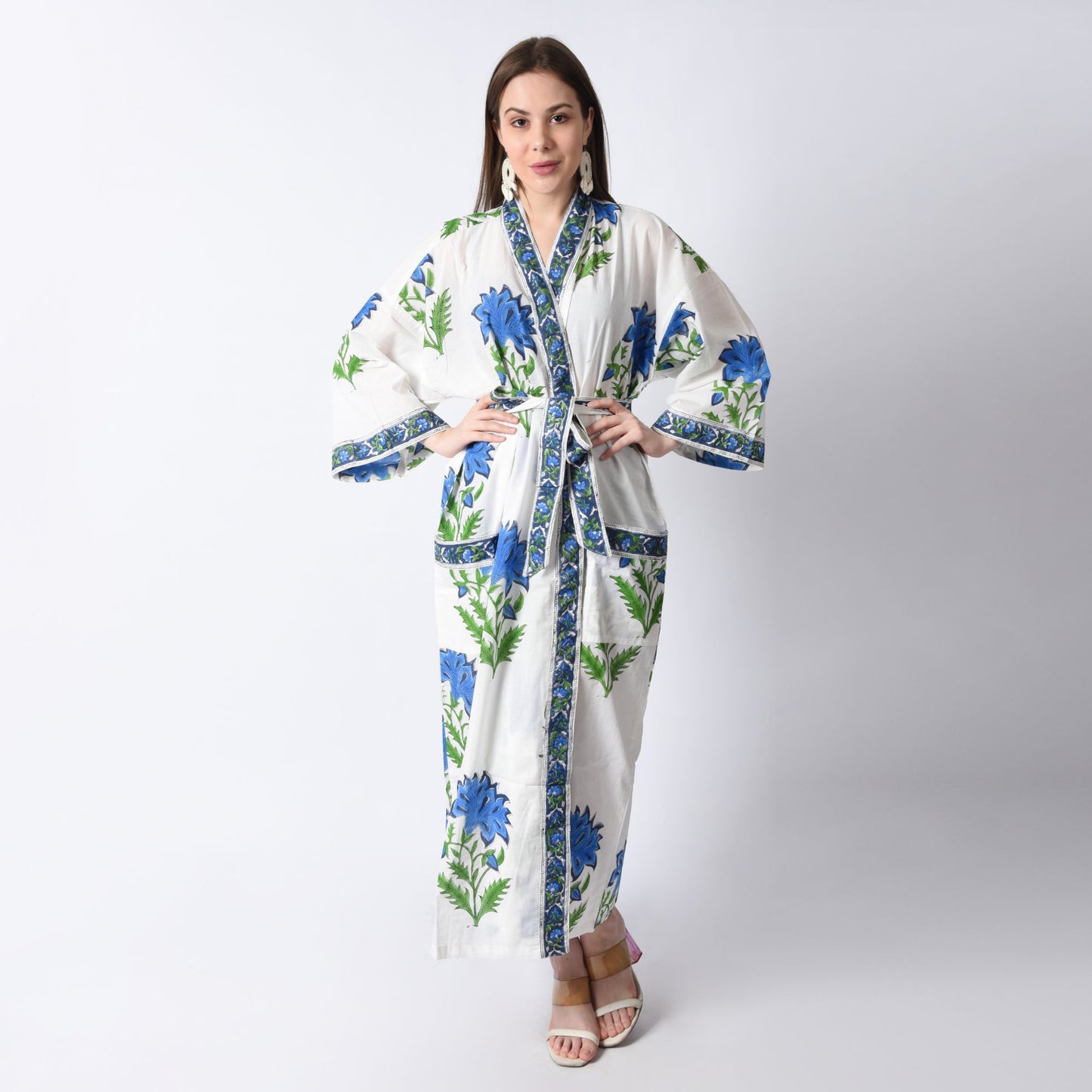 Hand Block Printed Sanganeri Jaipuri Floral Women Casual Kimono Dress Beach wear sleepwear belted dress