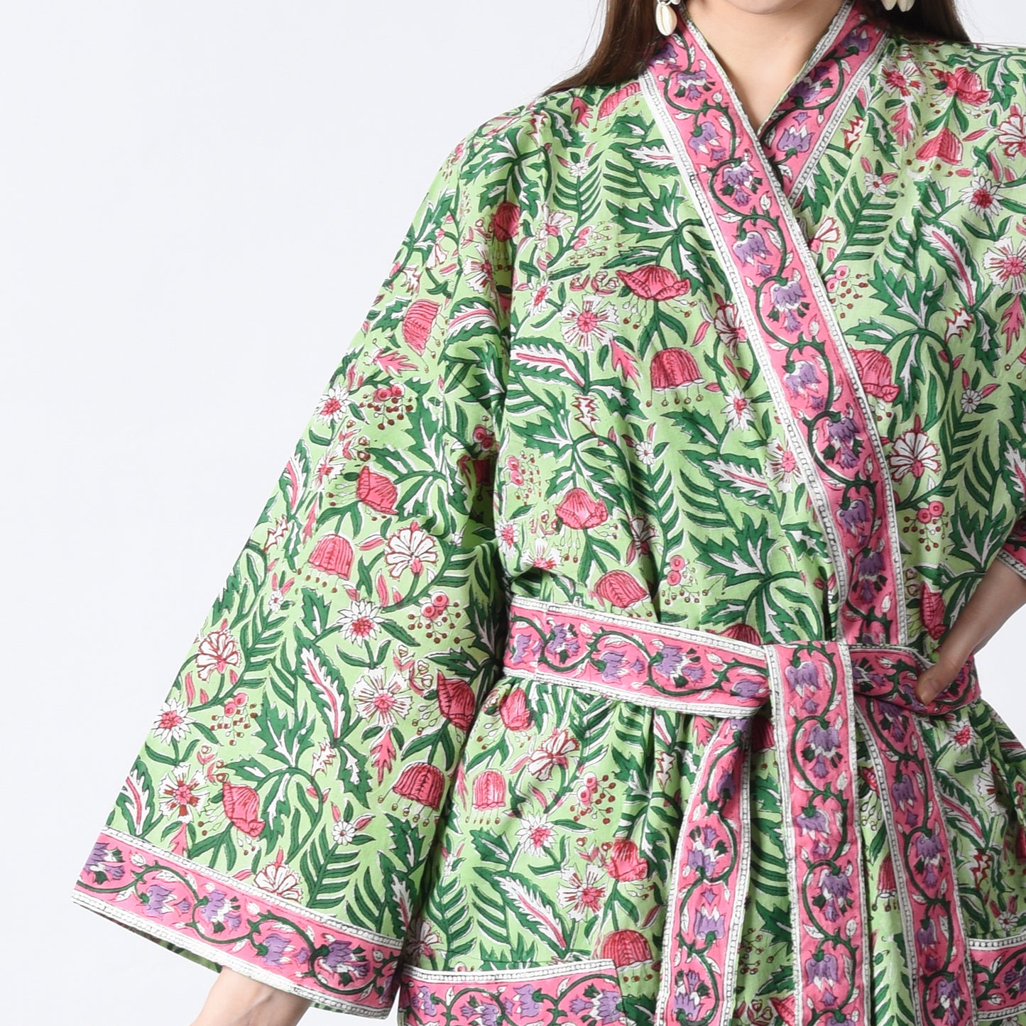 Hand Block Printed Sanganeri Jaipuri Floral Women Casual Kimono Dress Beach wear sleepwear belted dress