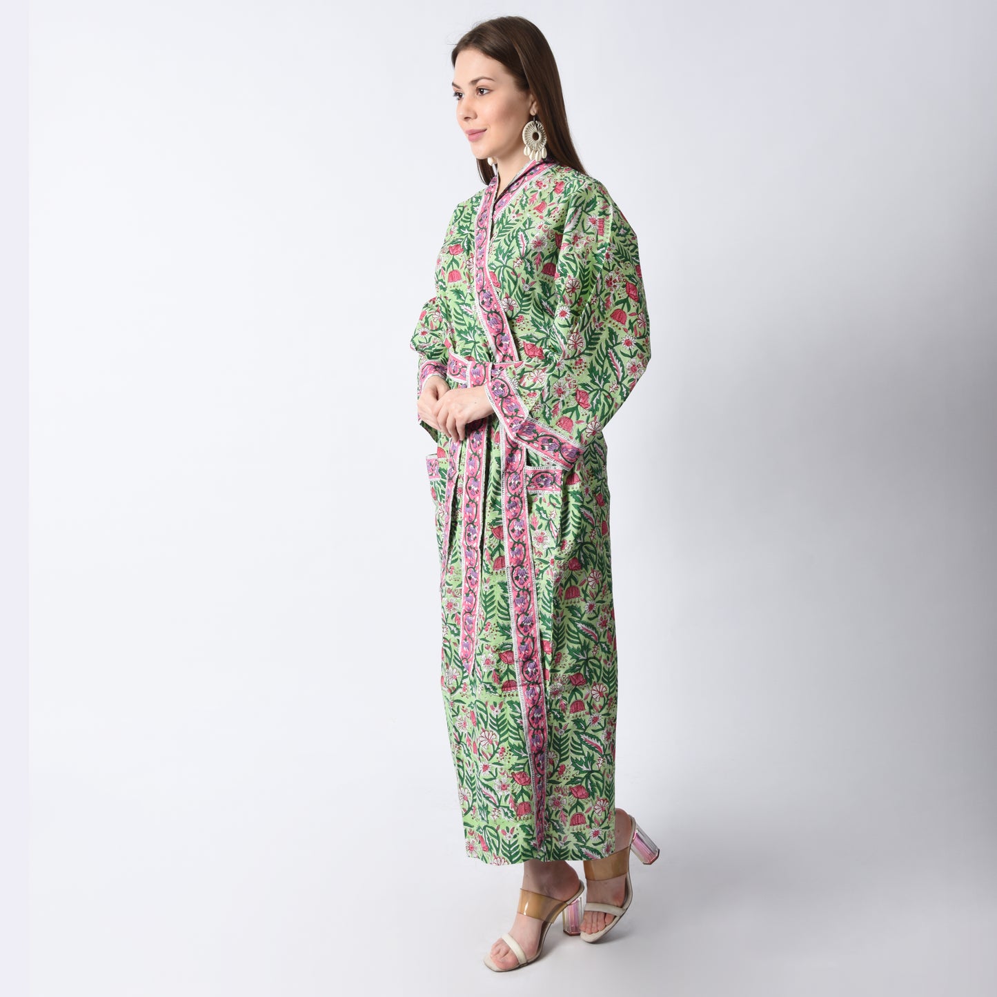 Hand Block Printed Sanganeri Jaipuri Floral Women Casual Kimono Dress Beach wear sleepwear belted dress
