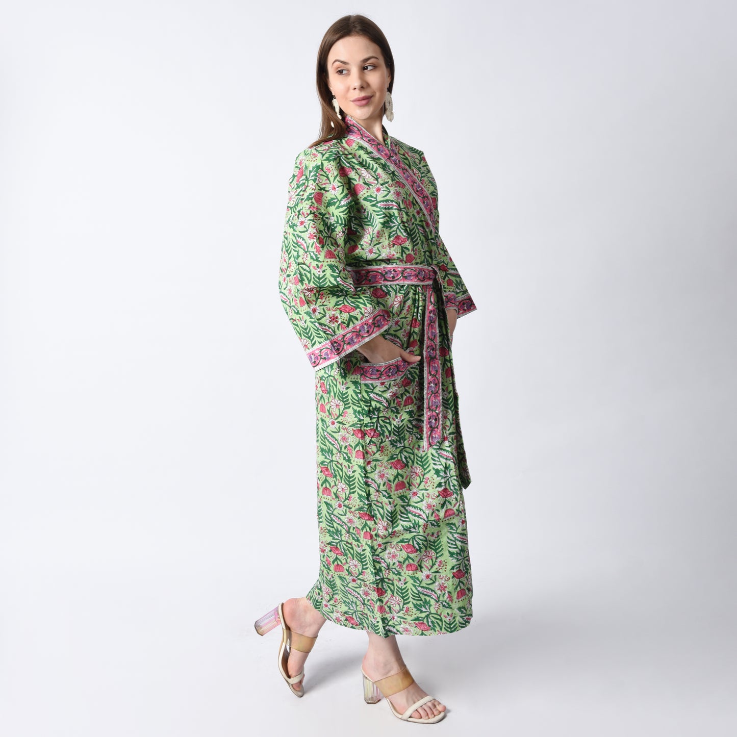 Hand Block Printed Sanganeri Jaipuri Floral Women Casual Kimono Dress Beach wear sleepwear belted dress
