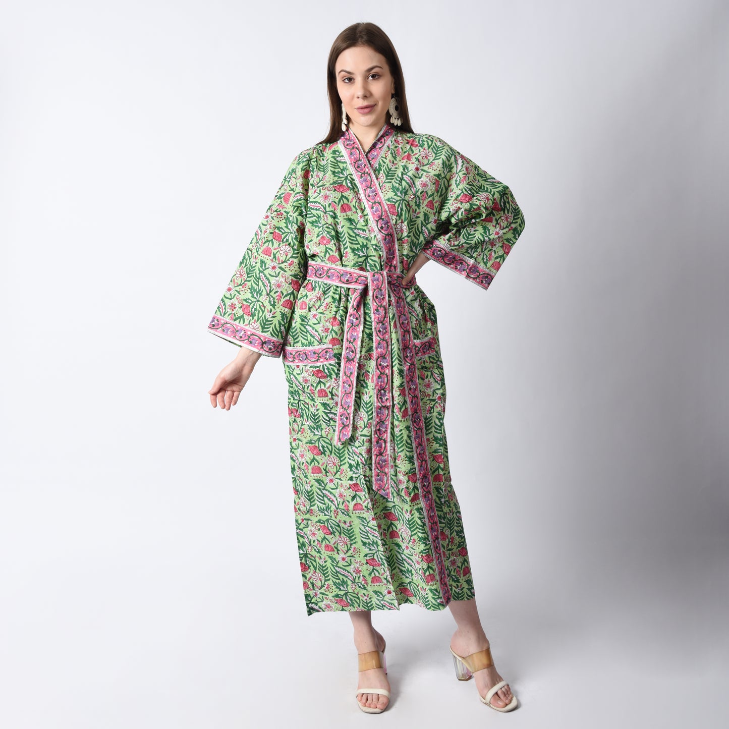 Hand Block Printed Sanganeri Jaipuri Floral Women Casual Kimono Dress Beach wear sleepwear belted dress