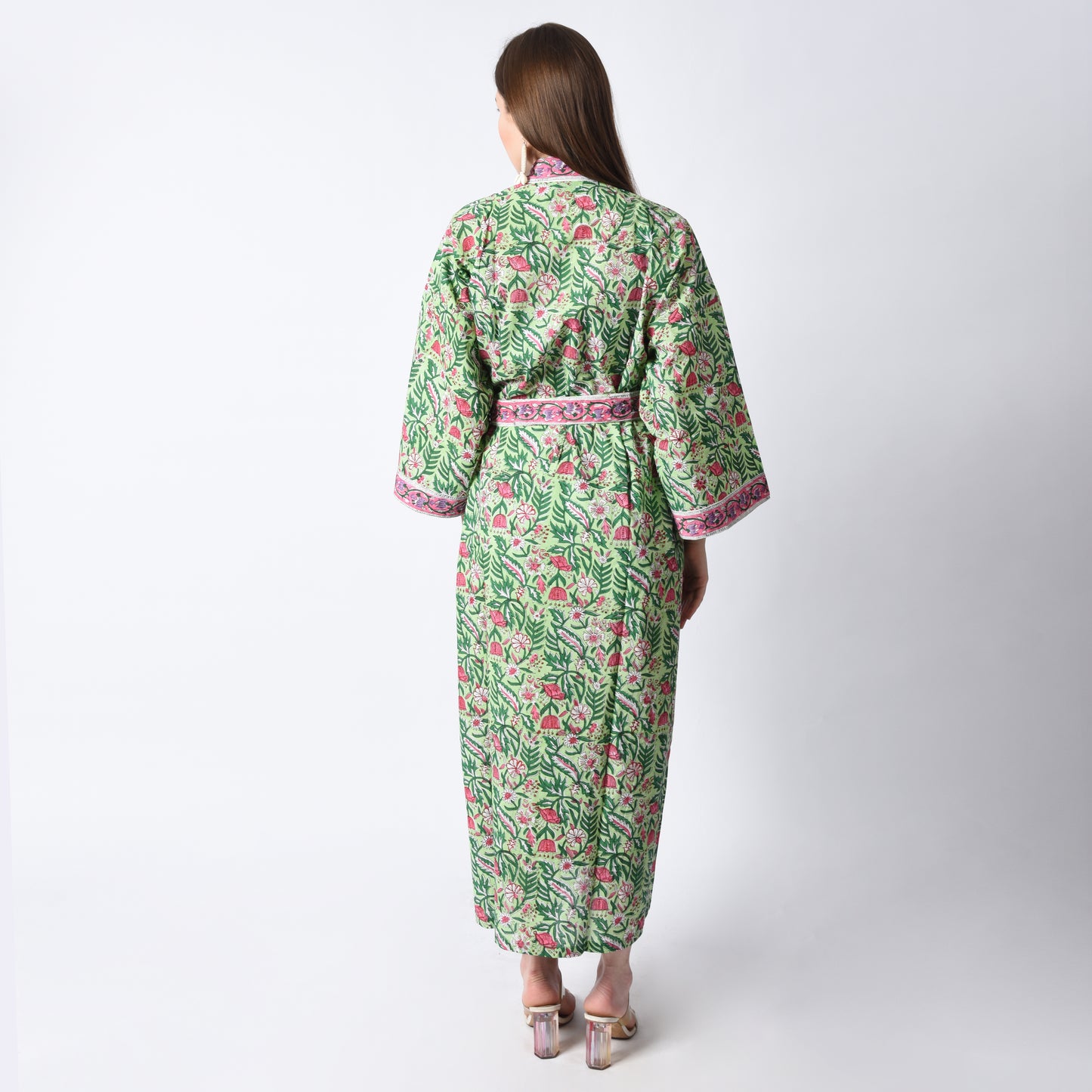 Hand Block Printed Sanganeri Jaipuri Floral Women Casual Kimono Dress Beach wear sleepwear belted dress