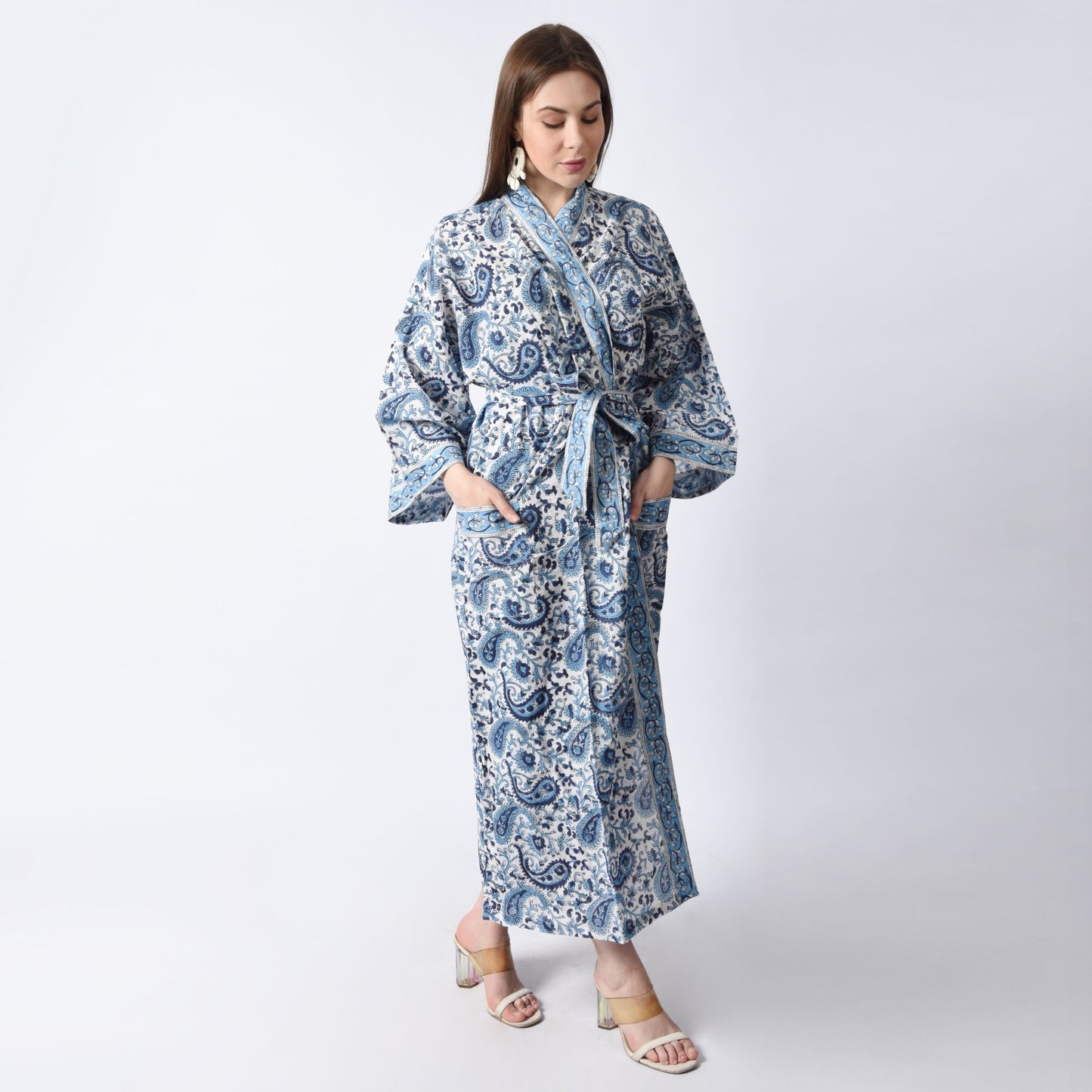 Hand Block Printed Sanganeri Jaipuri Floral Women Casual Kimono Dress Beach wear sleepwear belted dress