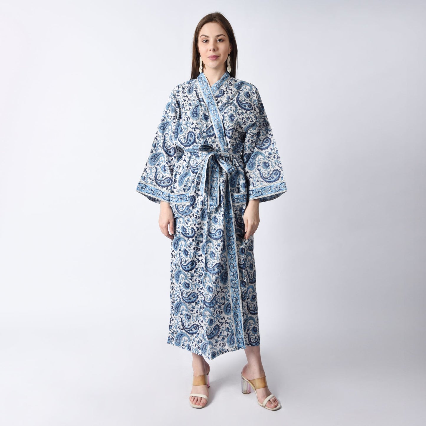 Hand Block Printed Sanganeri Jaipuri Floral Women Casual Kimono Dress Beach wear sleepwear belted dress