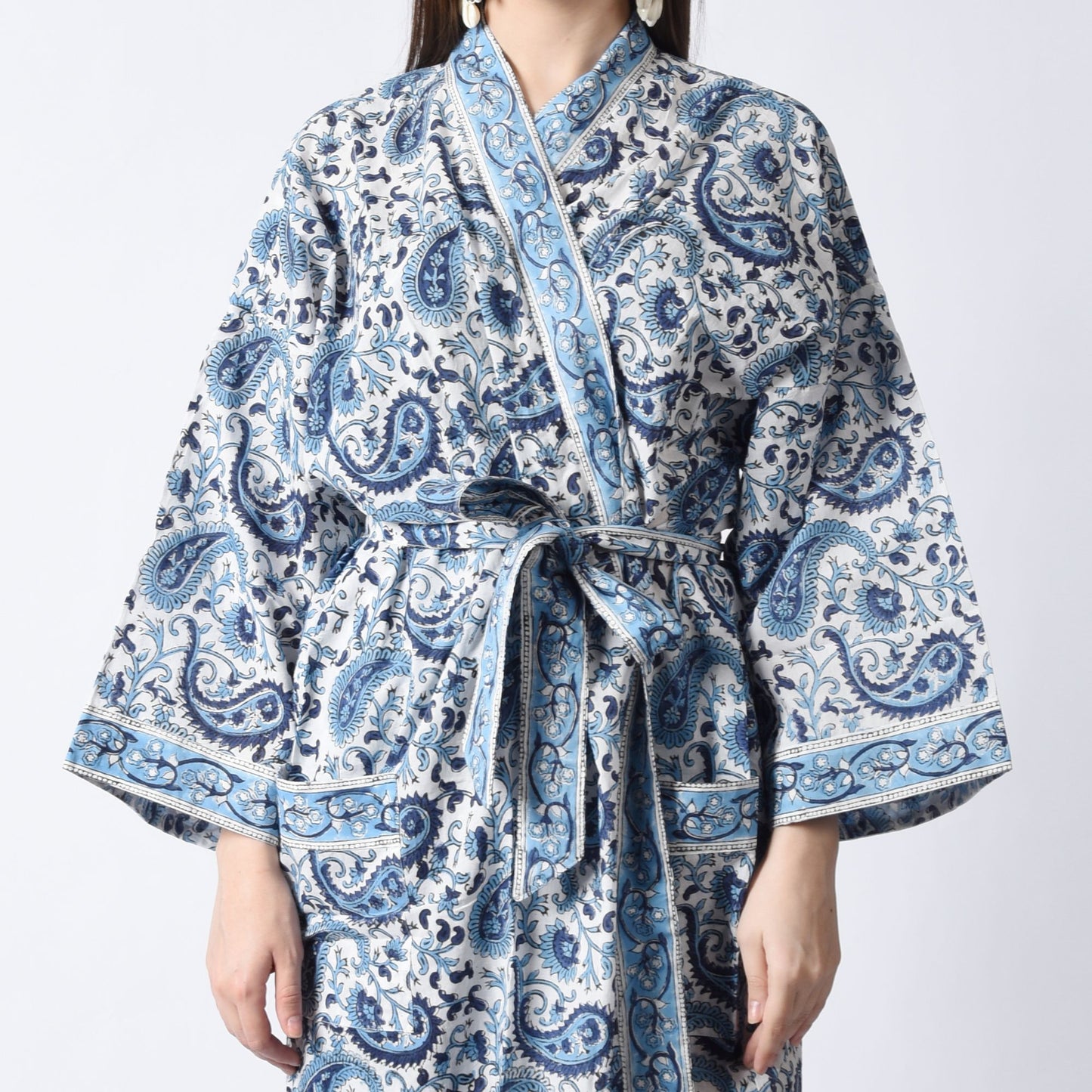 Hand Block Printed Sanganeri Jaipuri Floral Women Casual Kimono Dress Beach wear sleepwear belted dress