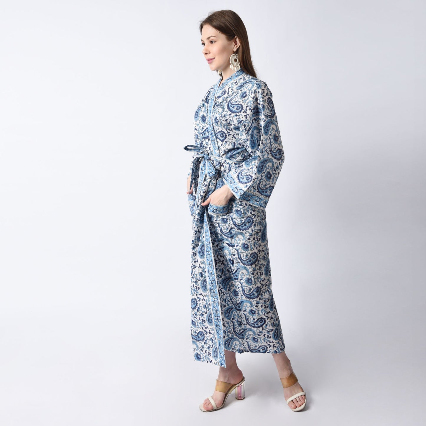 Hand Block Printed Sanganeri Jaipuri Floral Women Casual Kimono Dress Beach wear sleepwear belted dress
