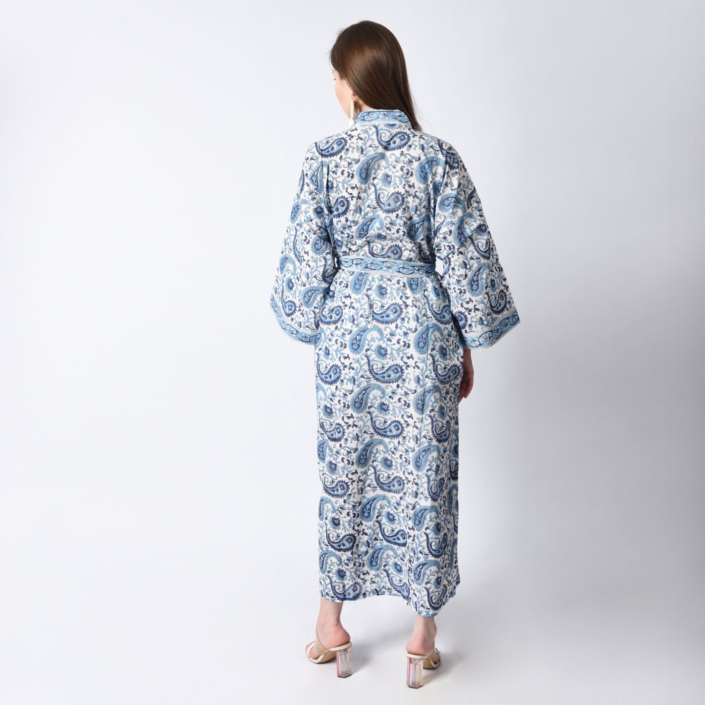 Hand Block Printed Sanganeri Jaipuri Floral Women Casual Kimono Dress Beach wear sleepwear belted dress