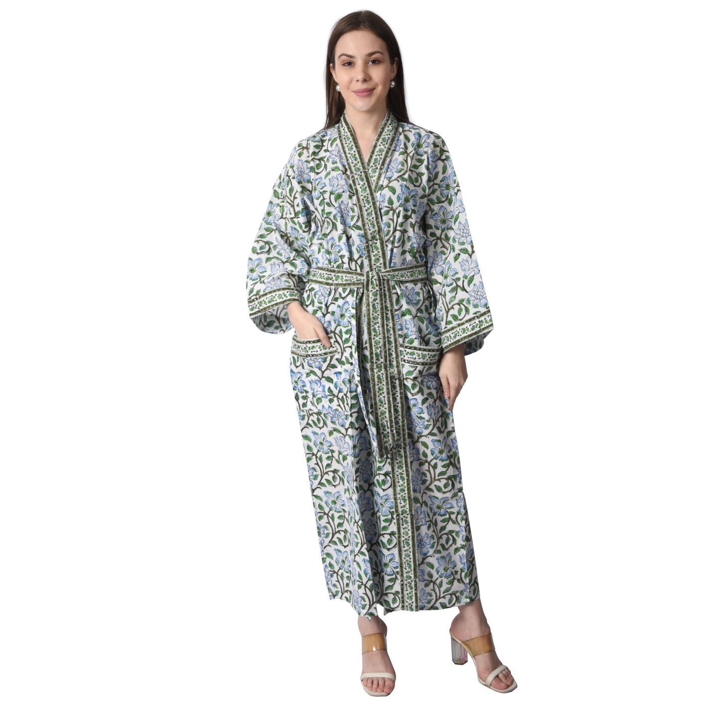 Hand Block Printed Sanganeri Jaipuri Floral Women Casual Kimono Dress Beach wear sleepwear belted dress