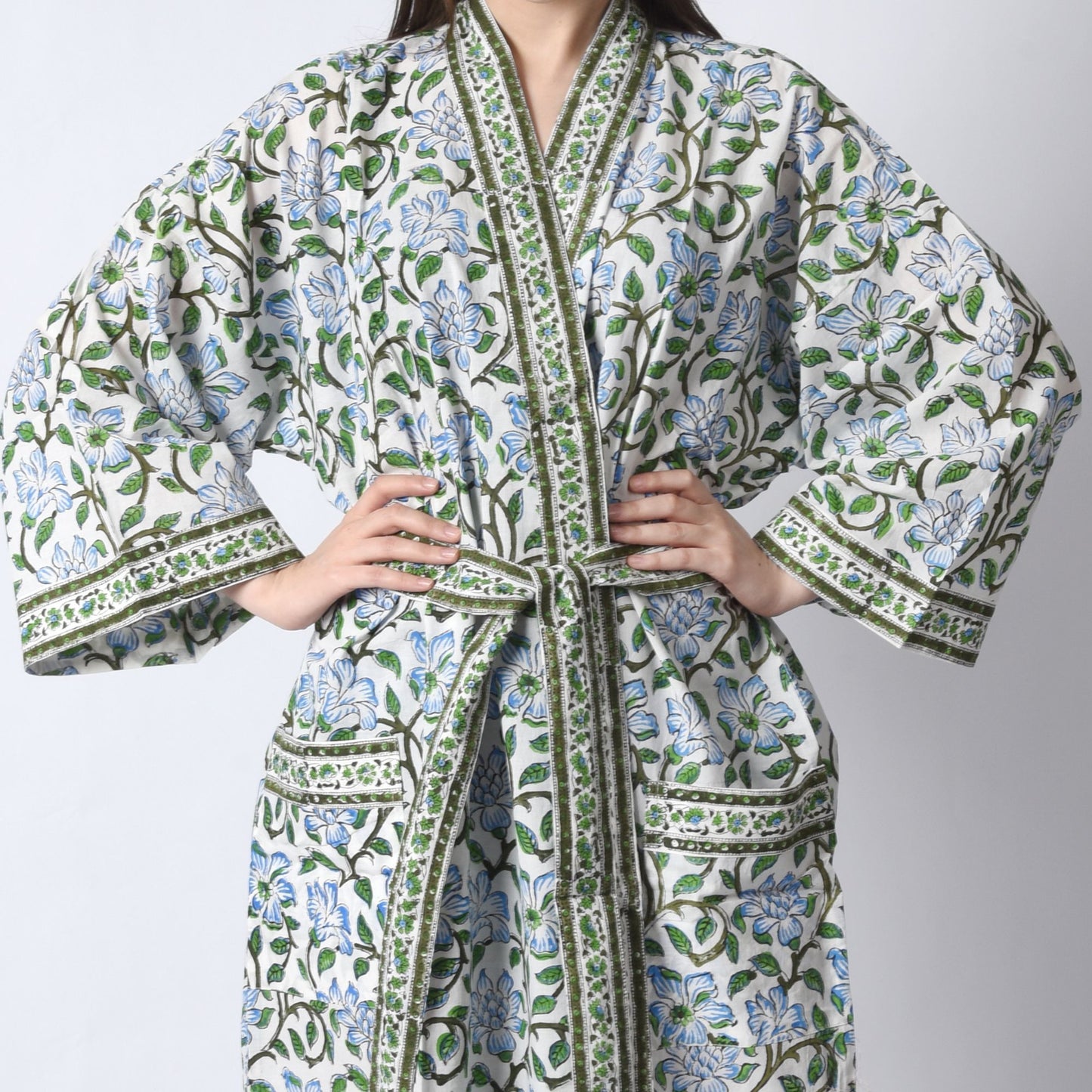 Hand Block Printed Sanganeri Jaipuri Floral Women Casual Kimono Dress Beach wear sleepwear belted dress