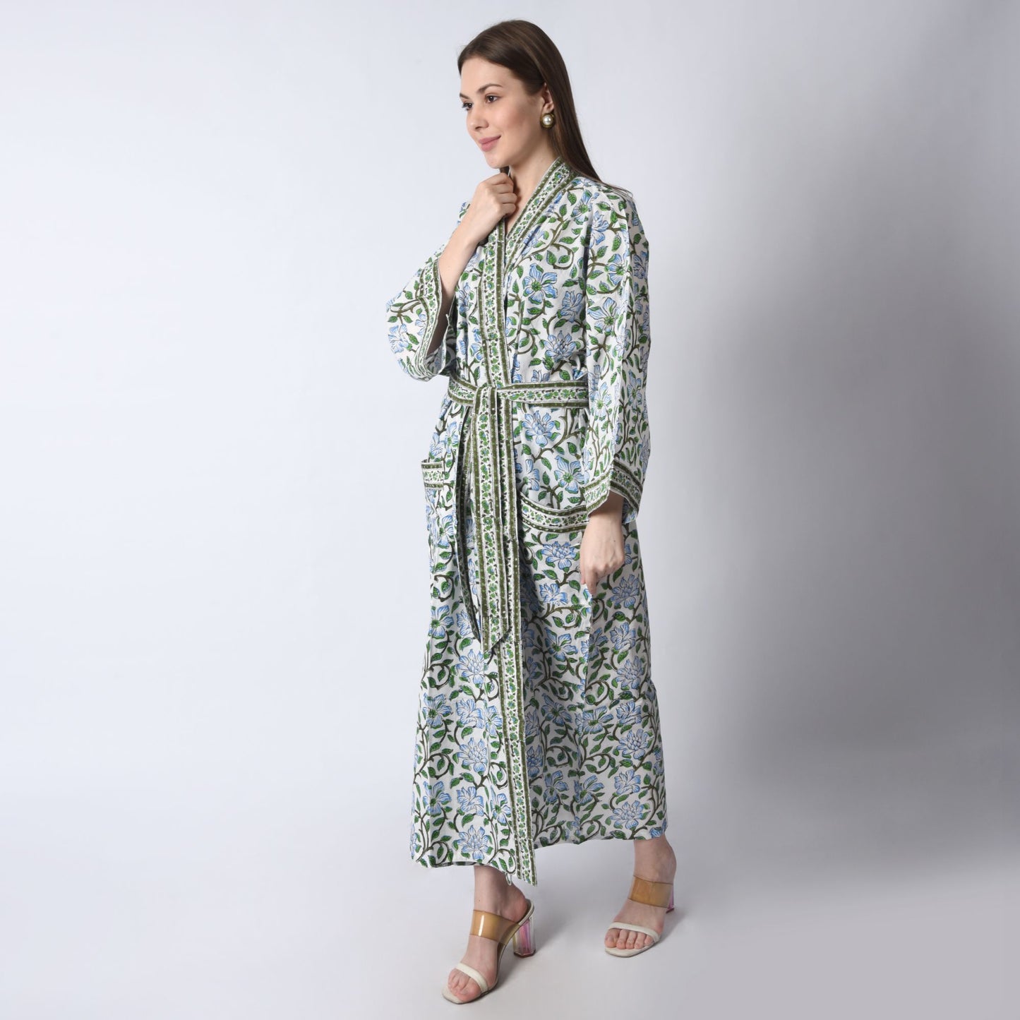 Hand Block Printed Sanganeri Jaipuri Floral Women Casual Kimono Dress Beach wear sleepwear belted dress