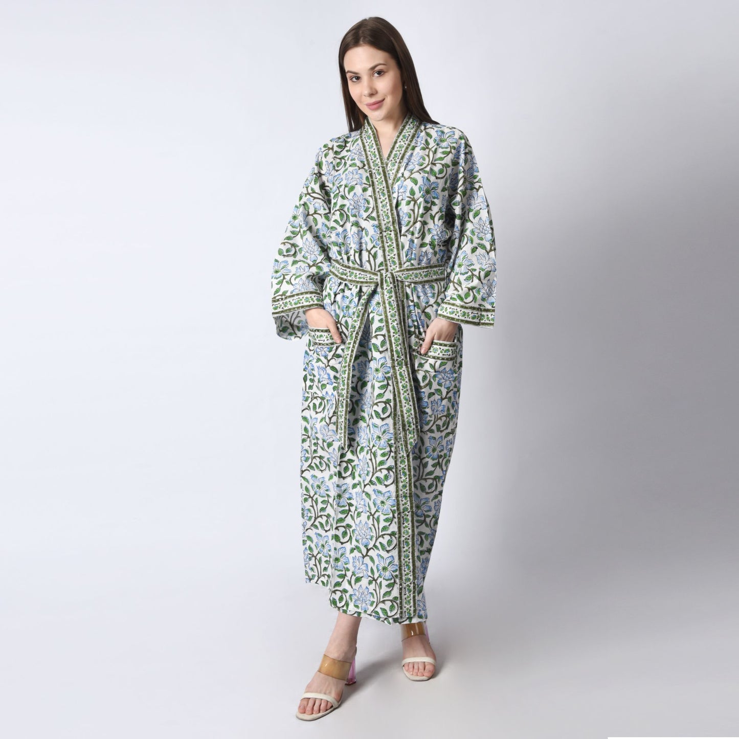 Hand Block Printed Sanganeri Jaipuri Floral Women Casual Kimono Dress Beach wear sleepwear belted dress