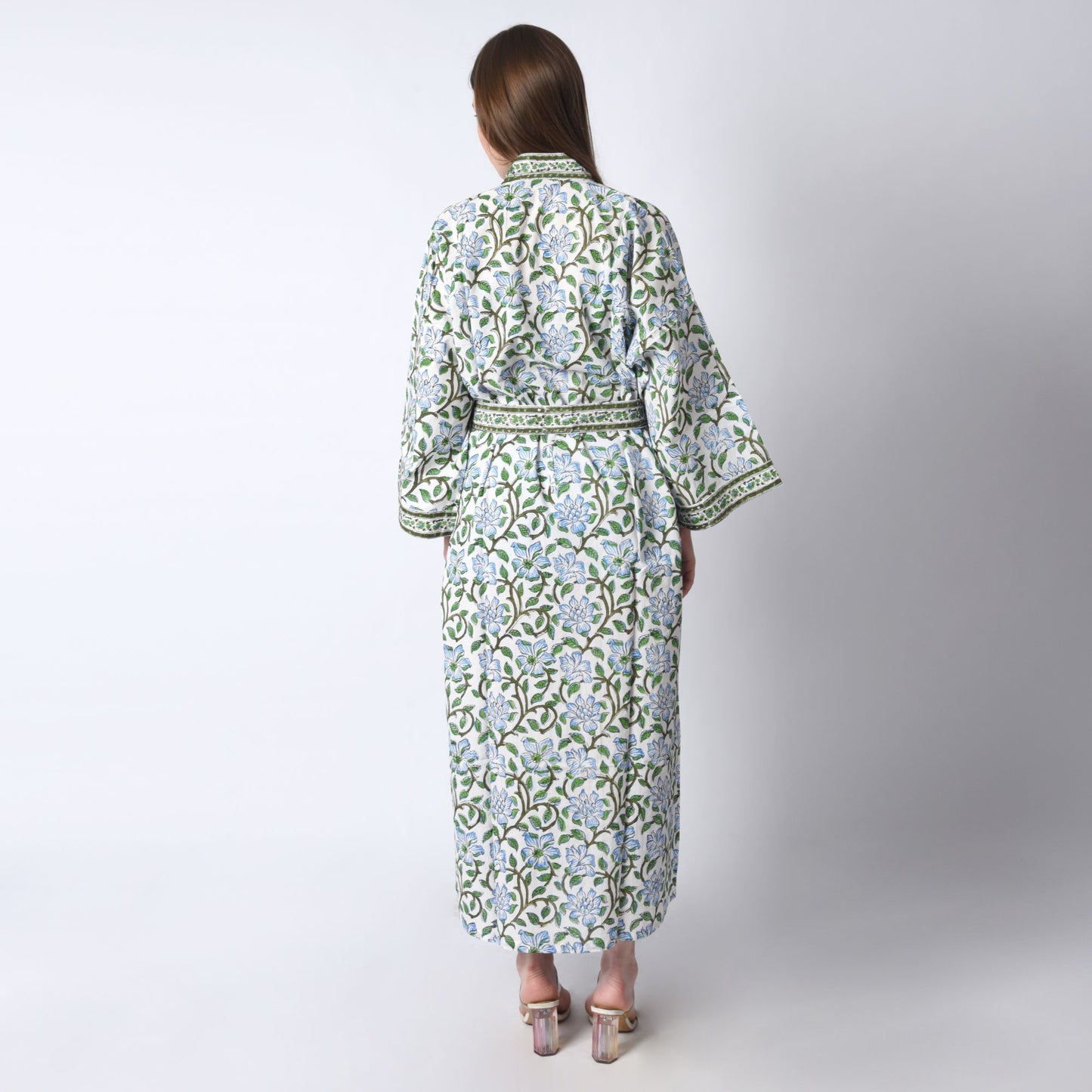 Hand Block Printed Sanganeri Jaipuri Floral Women Casual Kimono Dress Beach wear sleepwear belted dress