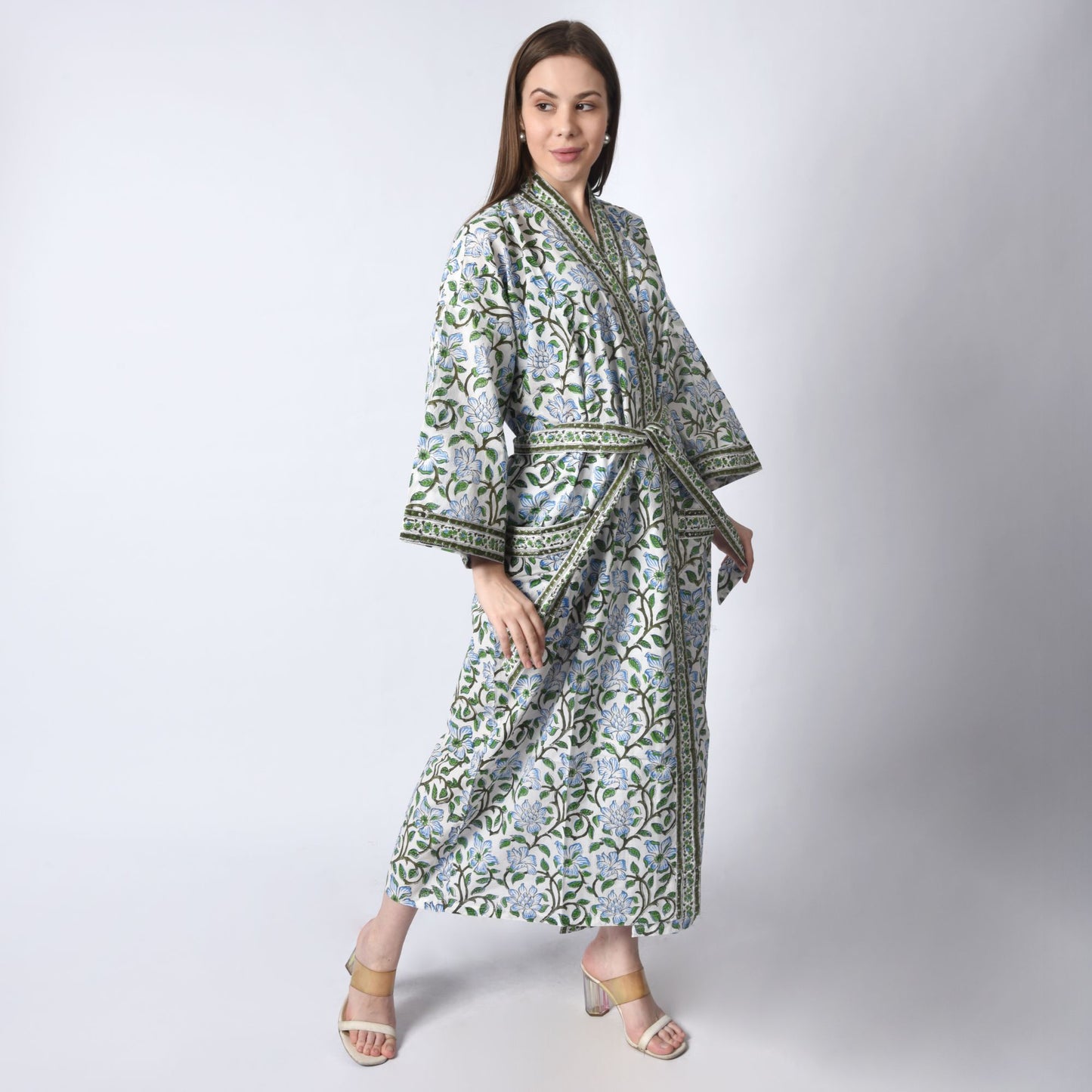 Hand Block Printed Sanganeri Jaipuri Floral Women Casual Kimono Dress Beach wear sleepwear belted dress