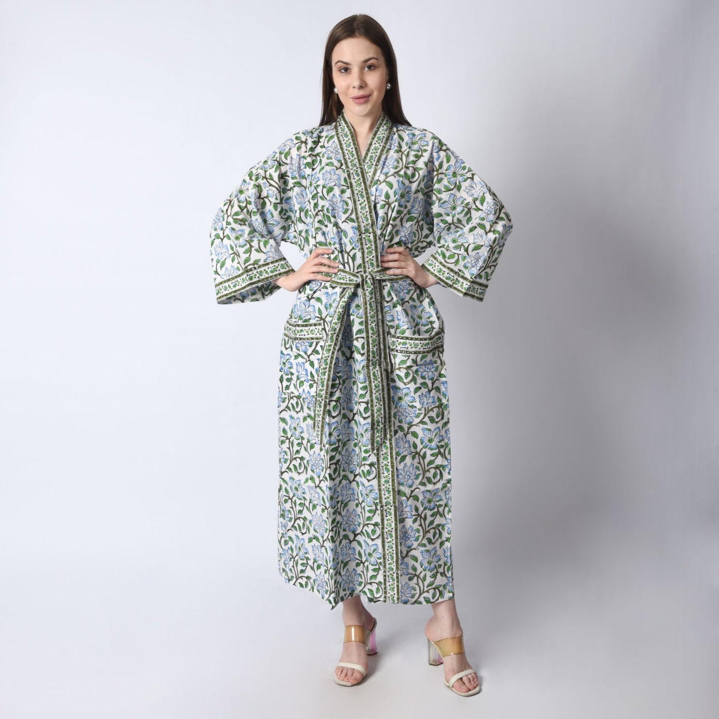 Hand Block Printed Sanganeri Jaipuri Floral Women Casual Kimono Dress Beach wear sleepwear belted dress