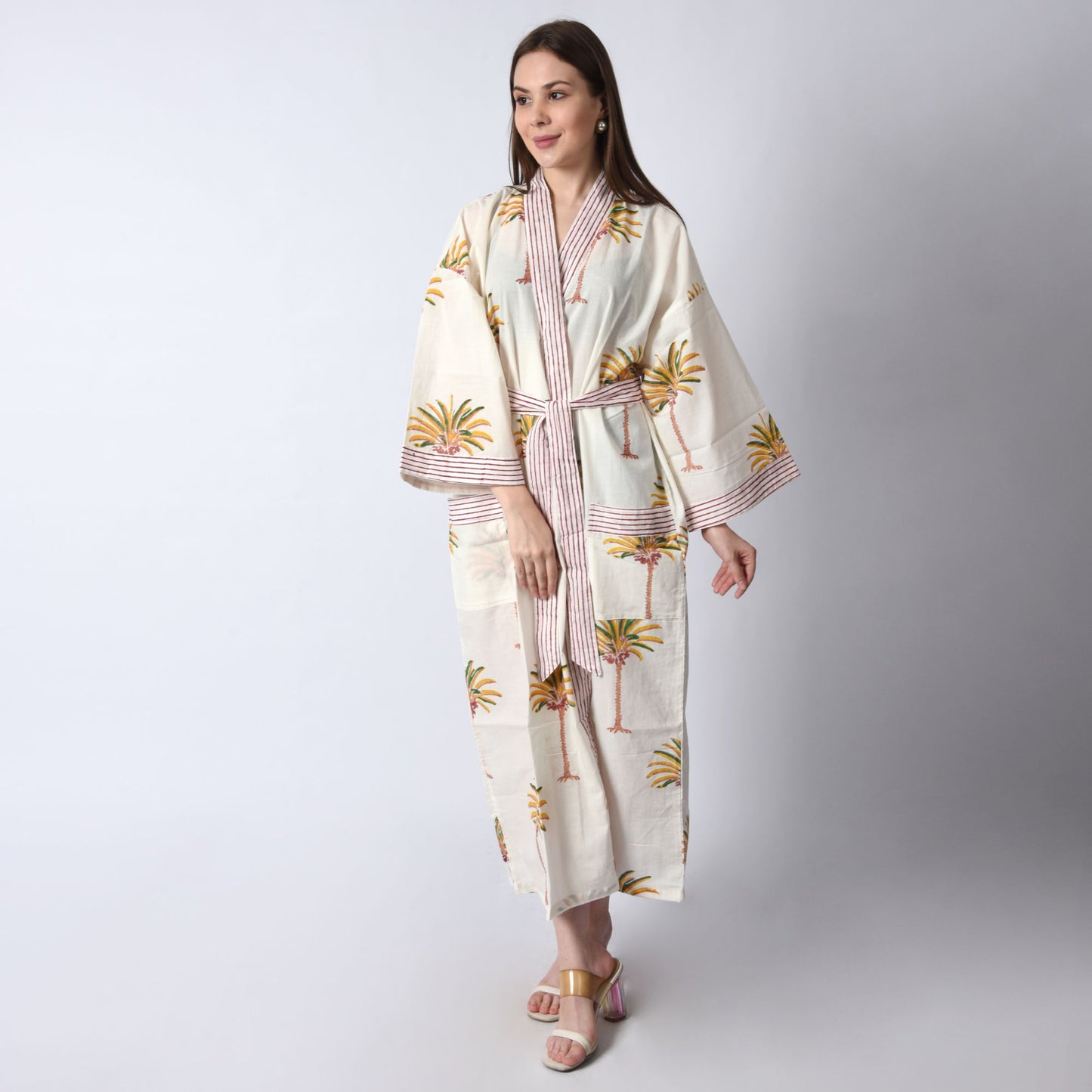 Hand Block Printed Sanganeri Jaipuri Floral Women Casual Kimono Dress Beach wear sleepwear belted dress