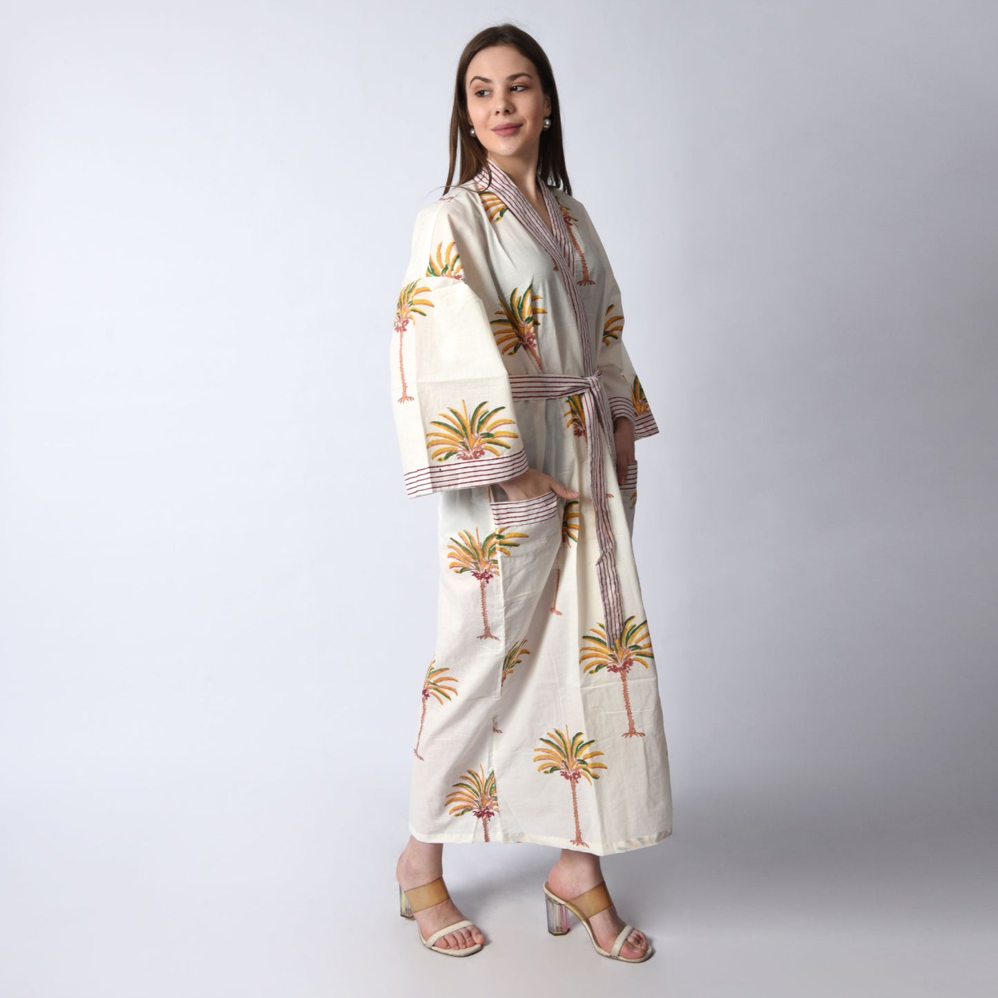Hand Block Printed Sanganeri Jaipuri Floral Women Casual Kimono Dress Beach wear sleepwear belted dress