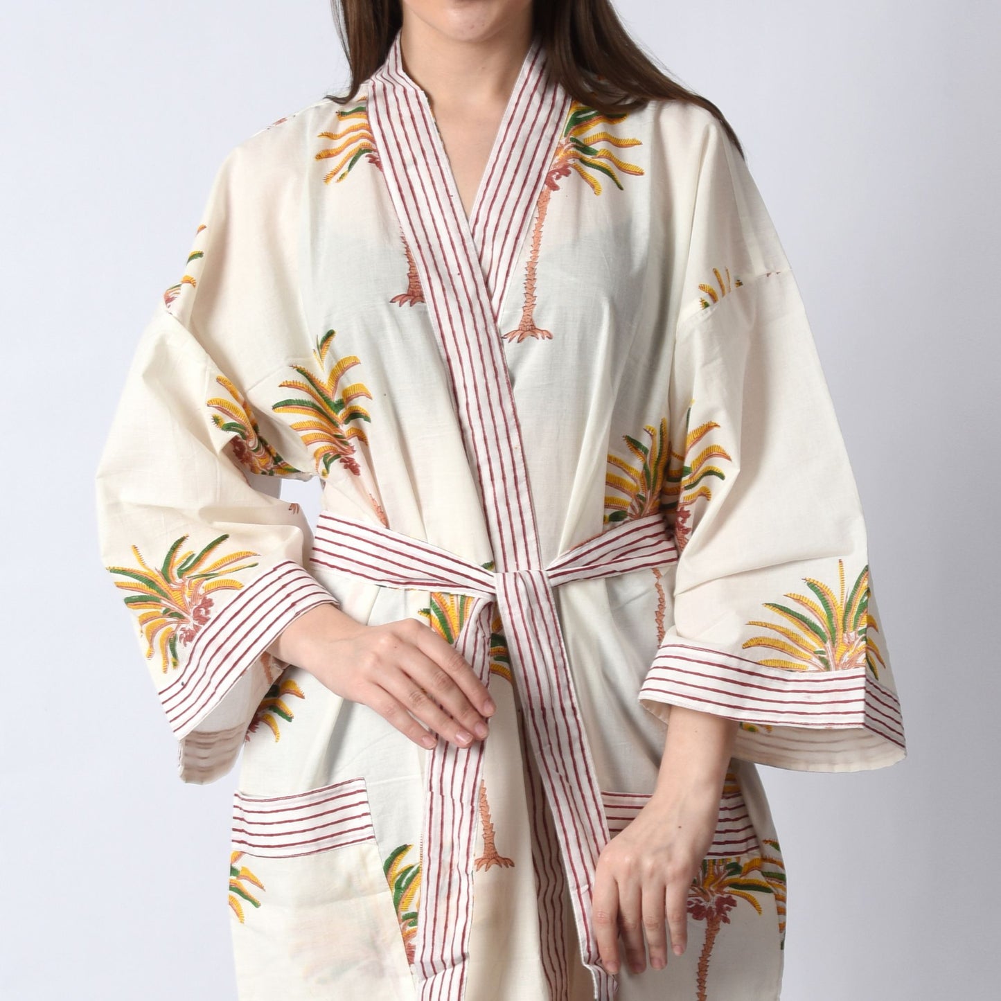 Hand Block Printed Sanganeri Jaipuri Floral Women Casual Kimono Dress Beach wear sleepwear belted dress