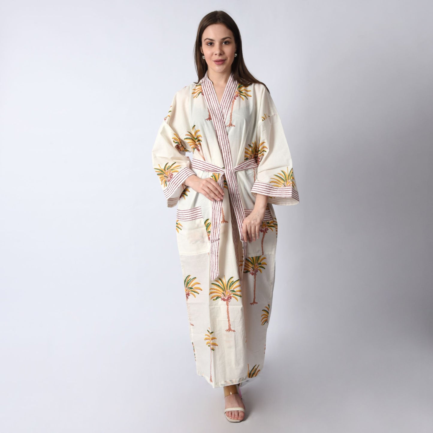 Hand Block Printed Sanganeri Jaipuri Floral Women Casual Kimono Dress Beach wear sleepwear belted dress