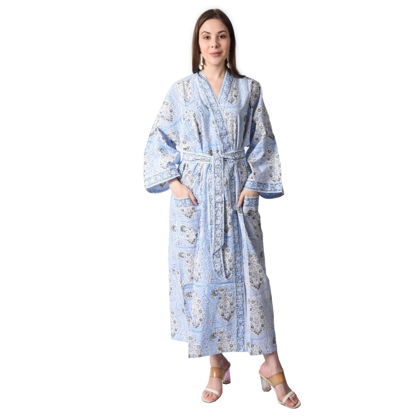 Hand Block Printed Sanganeri Jaipuri Floral Women Casual Kimono Dress Beach wear sleepwear belted dress