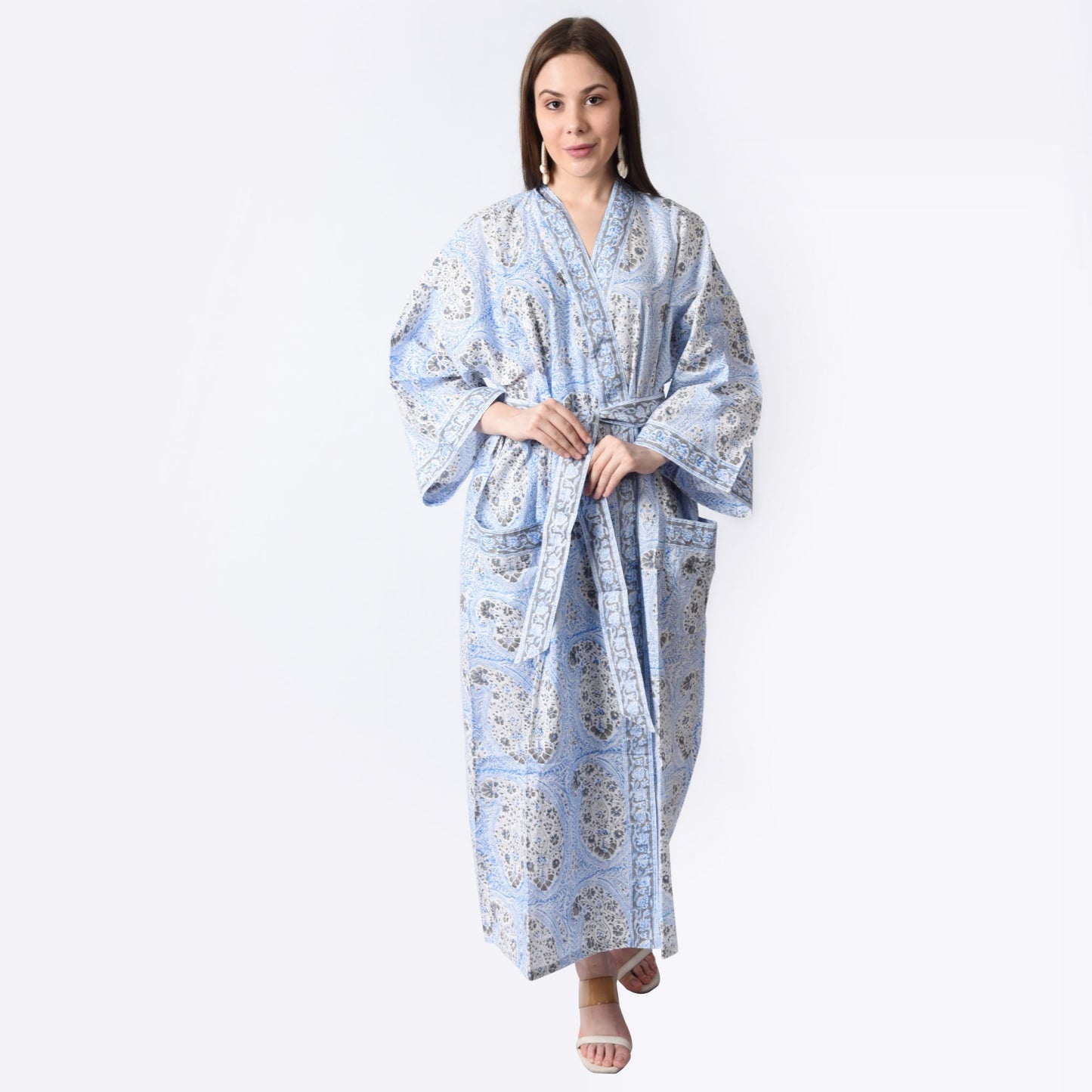 Hand Block Printed Sanganeri Jaipuri Floral Women Casual Kimono Dress Beach wear sleepwear belted dress