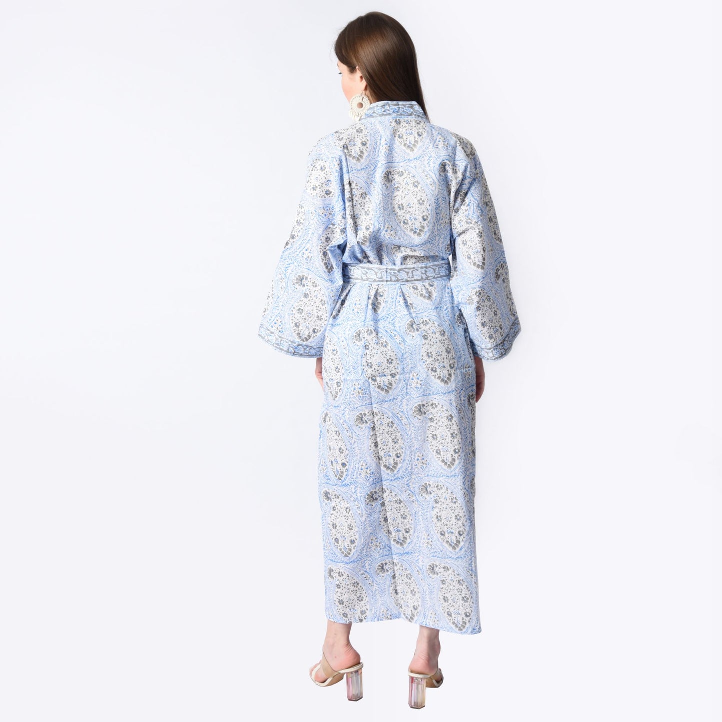 Hand Block Printed Sanganeri Jaipuri Floral Women Casual Kimono Dress Beach wear sleepwear belted dress