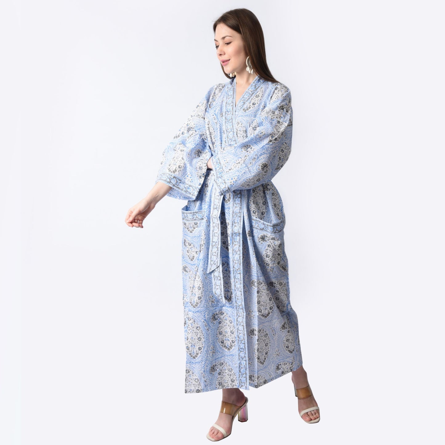 Hand Block Printed Sanganeri Jaipuri Floral Women Casual Kimono Dress Beach wear sleepwear belted dress