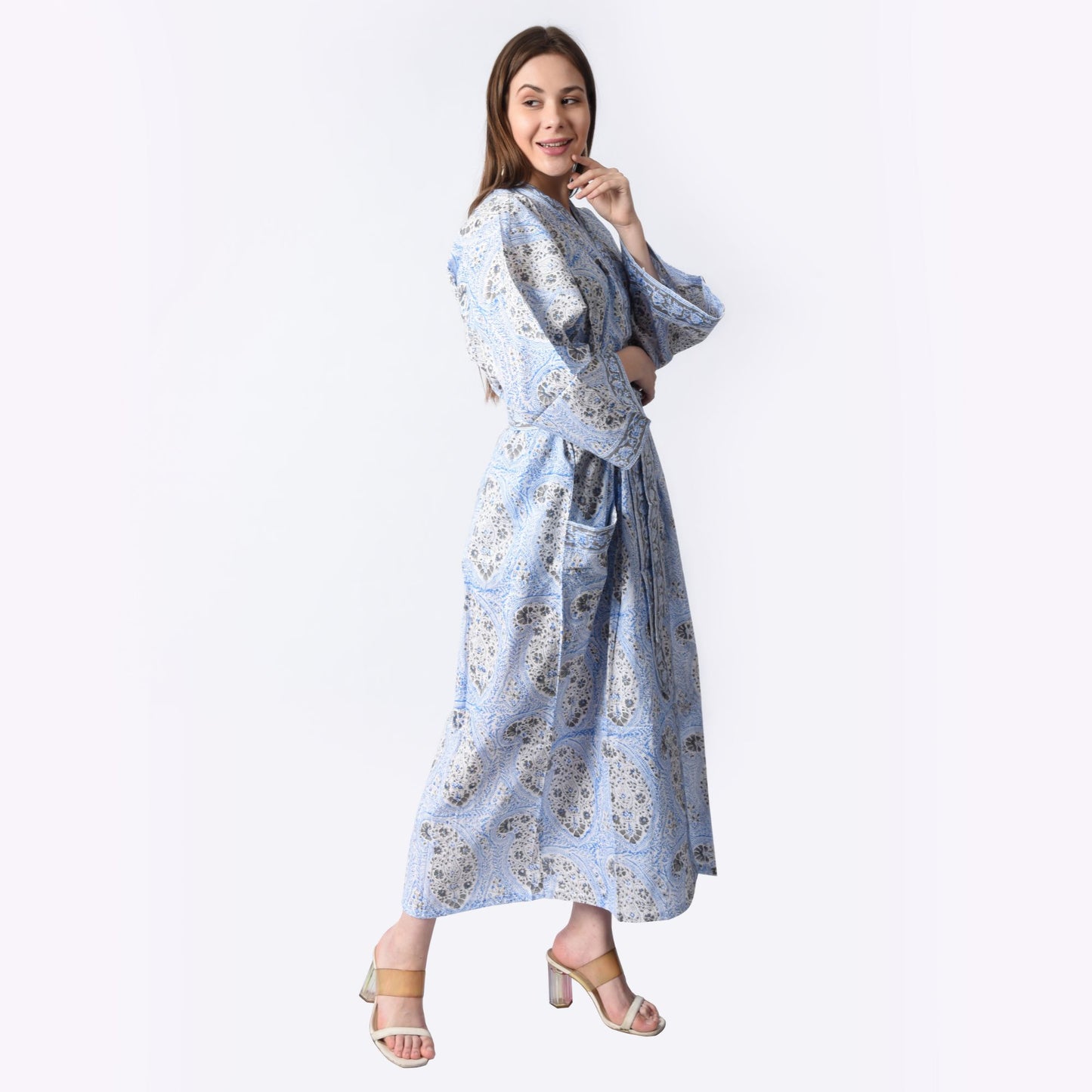 Hand Block Printed Sanganeri Jaipuri Floral Women Casual Kimono Dress Beach wear sleepwear belted dress