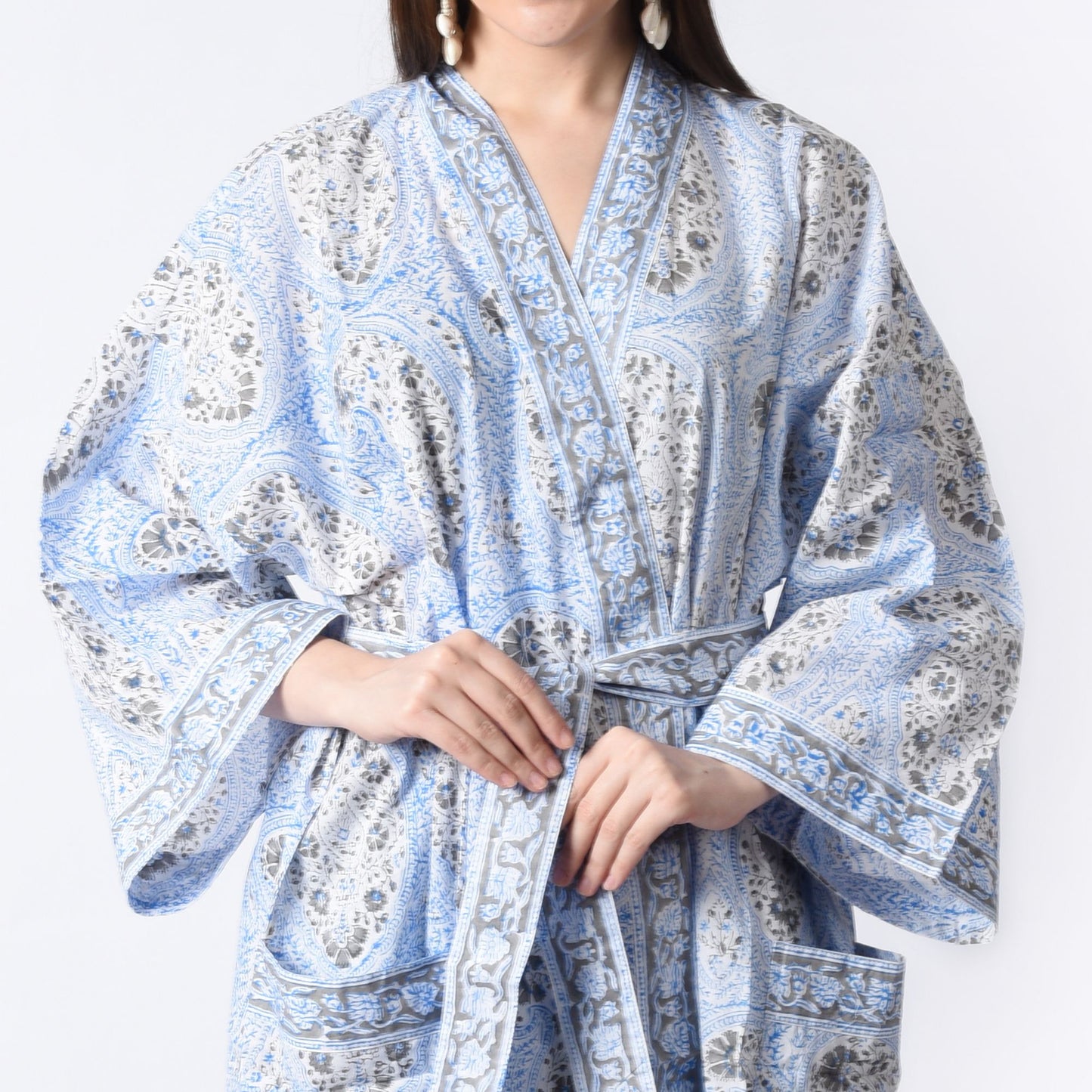 Hand Block Printed Sanganeri Jaipuri Floral Women Casual Kimono Dress Beach wear sleepwear belted dress