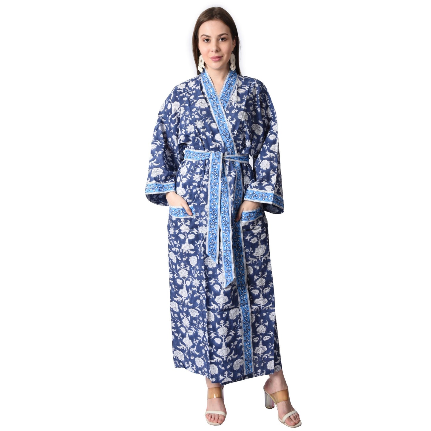 Hand Block Printed Sanganeri Jaipuri Floral Women Casual Kimono Dress Beach wear sleepwear belted dress