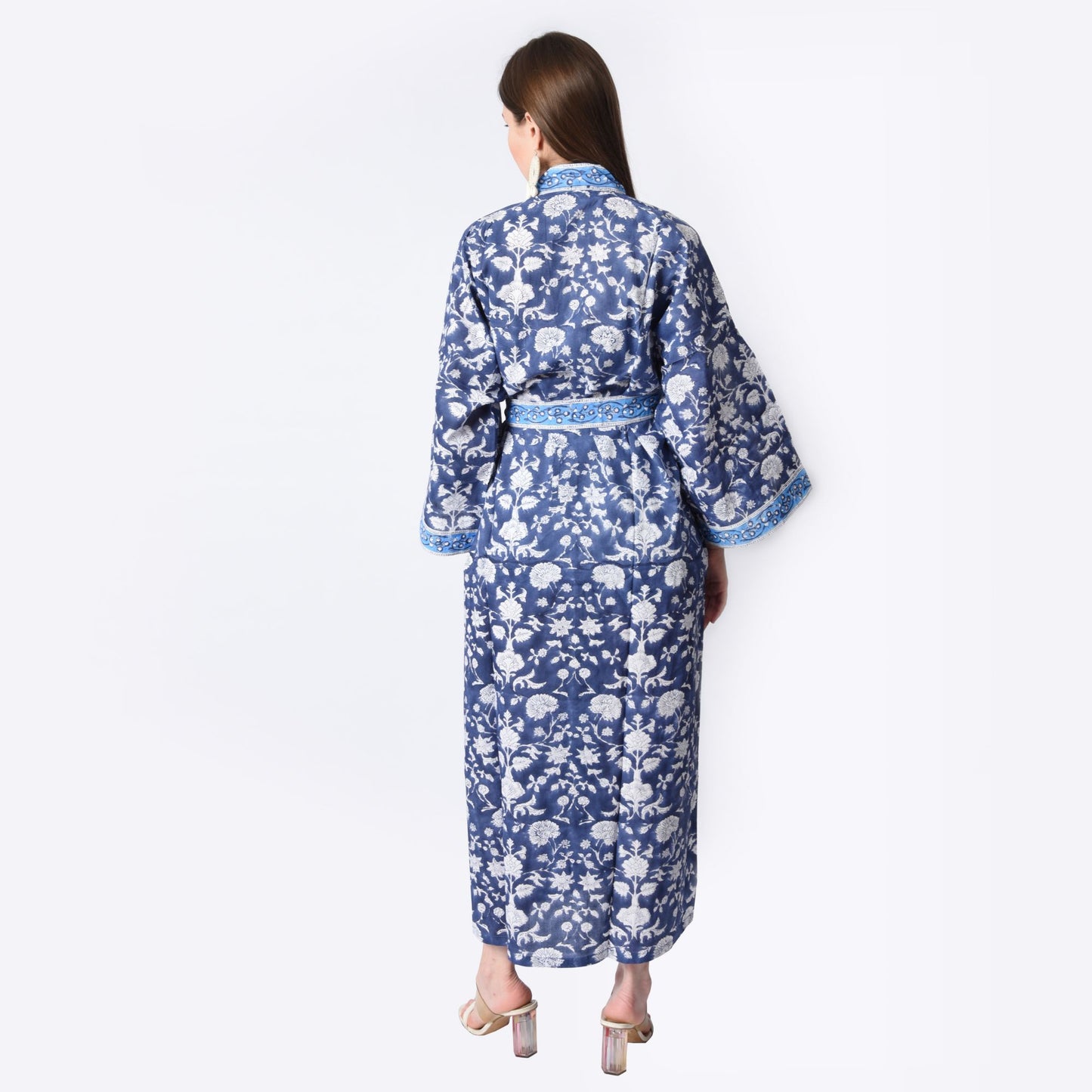 Hand Block Printed Sanganeri Jaipuri Floral Women Casual Kimono Dress Beach wear sleepwear belted dress