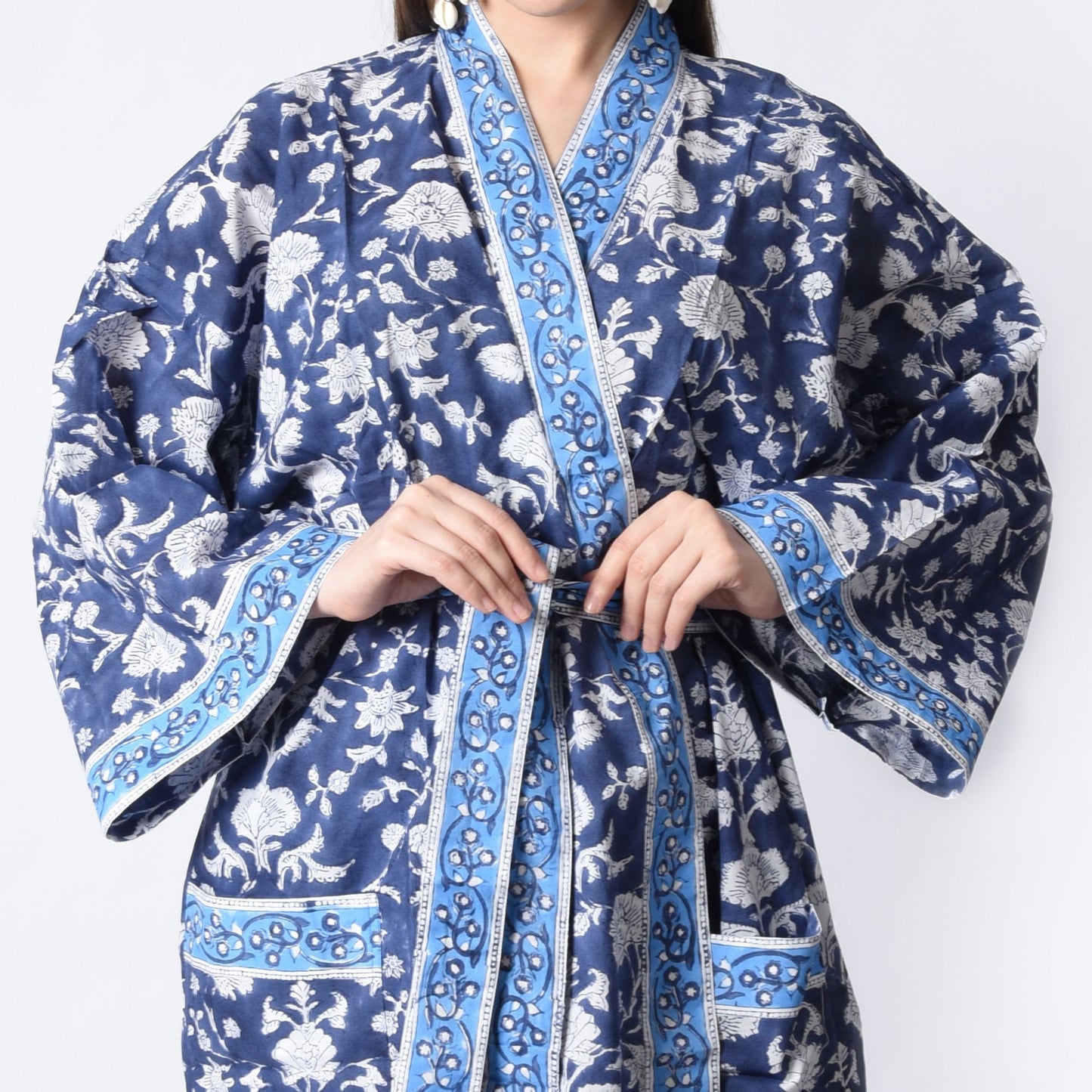 Hand Block Printed Sanganeri Jaipuri Floral Women Casual Kimono Dress Beach wear sleepwear belted dress