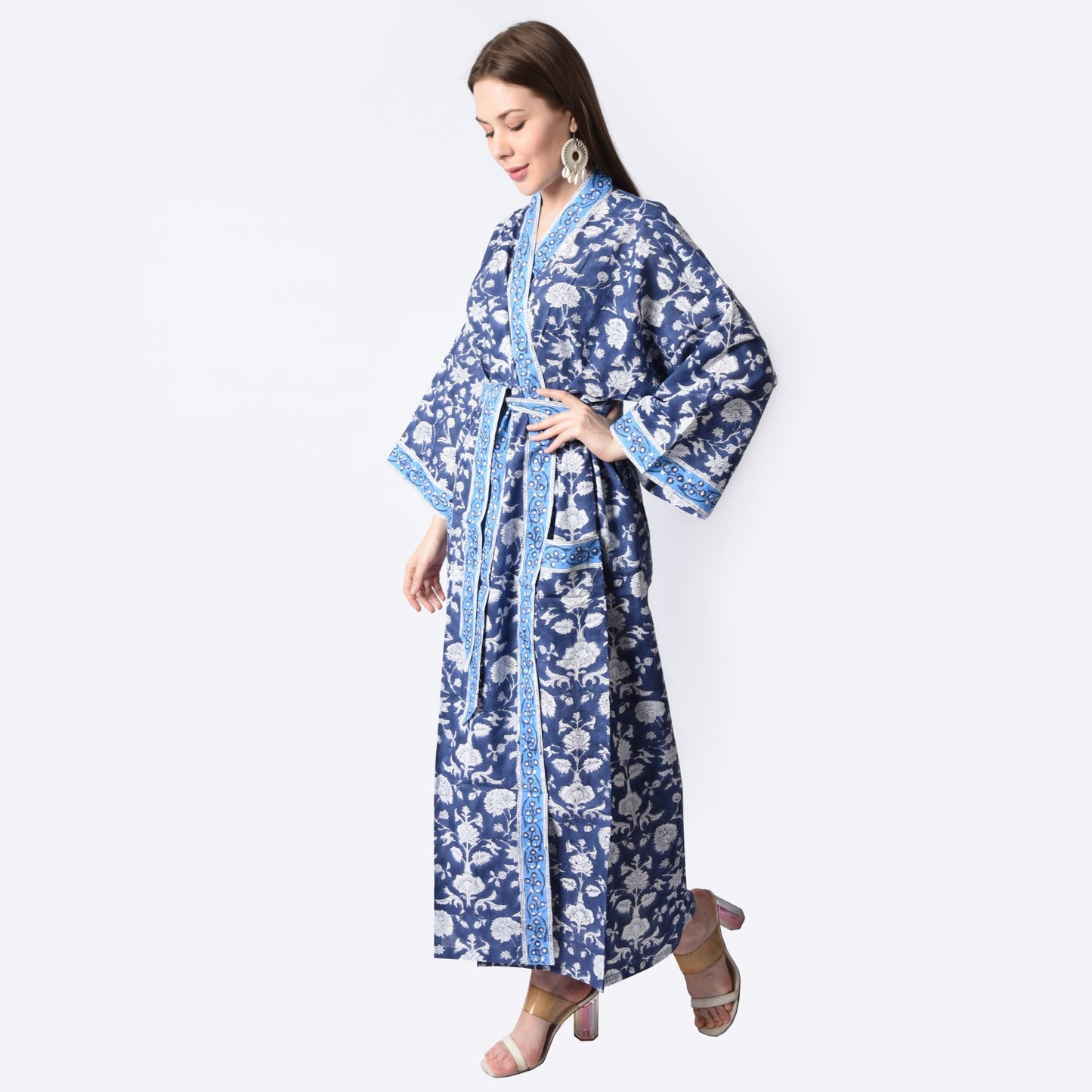 Hand Block Printed Sanganeri Jaipuri Floral Women Casual Kimono Dress Beach wear sleepwear belted dress